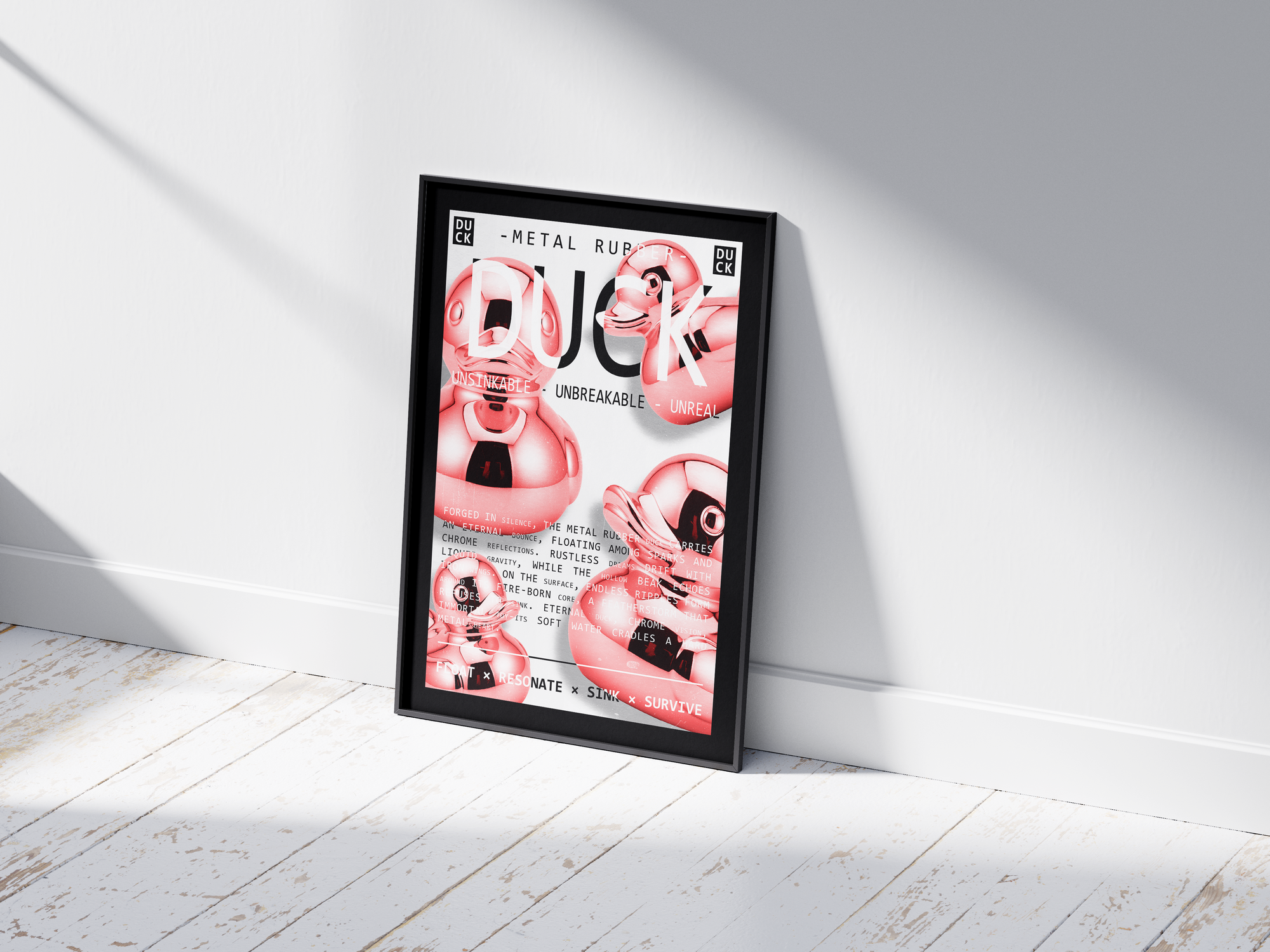 Vibrant metallic rubber duck poster featuring a glossy and reflective illustration in various colors. This modern pop art print is perfect for adding a bold and playful statement to living rooms, offices, or minimalist interiors.