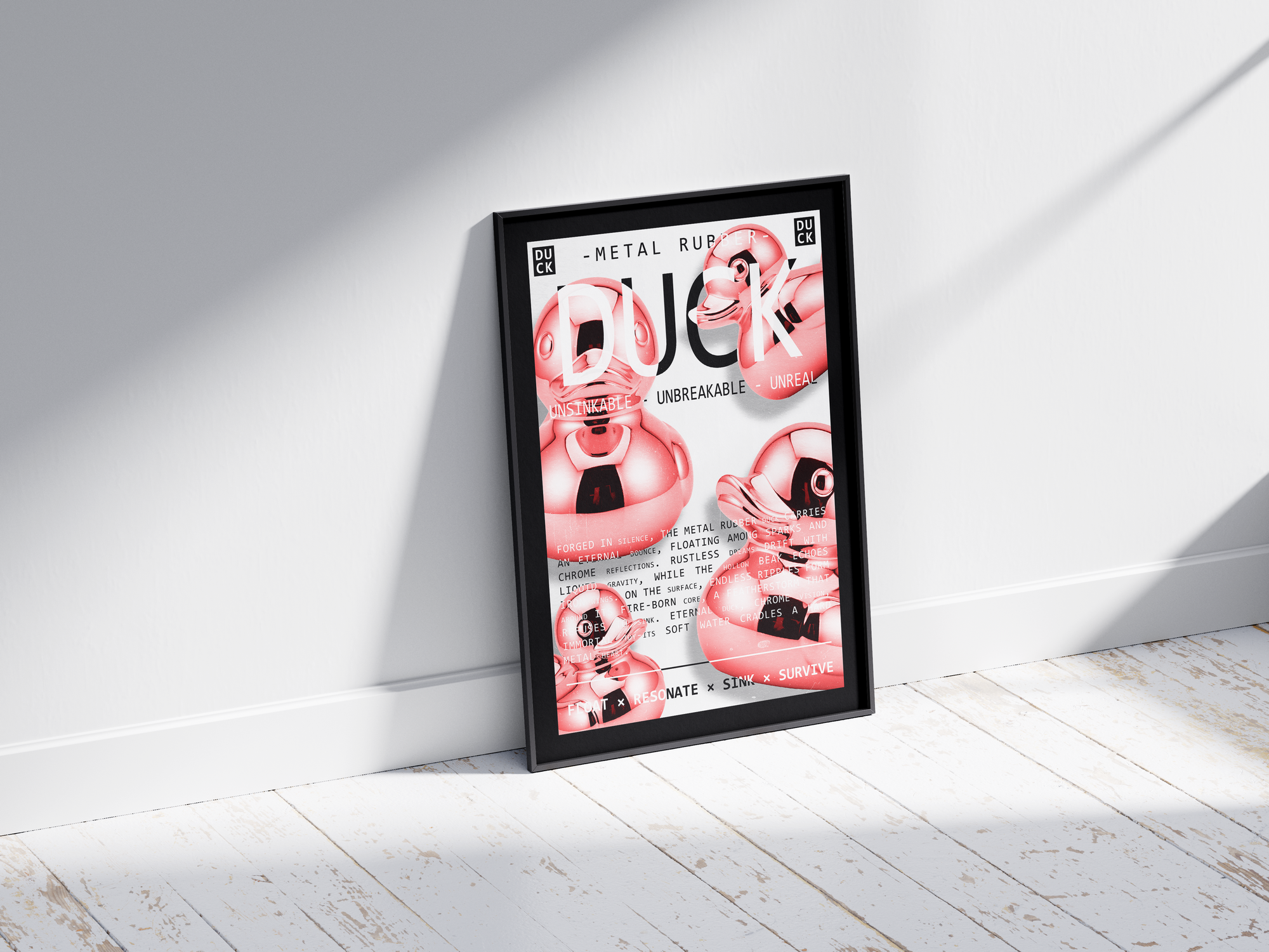 Vibrant metallic rubber duck poster featuring a glossy and reflective illustration in various colors. This modern pop art print is perfect for adding a bold and playful statement to living rooms, offices, or minimalist interiors.