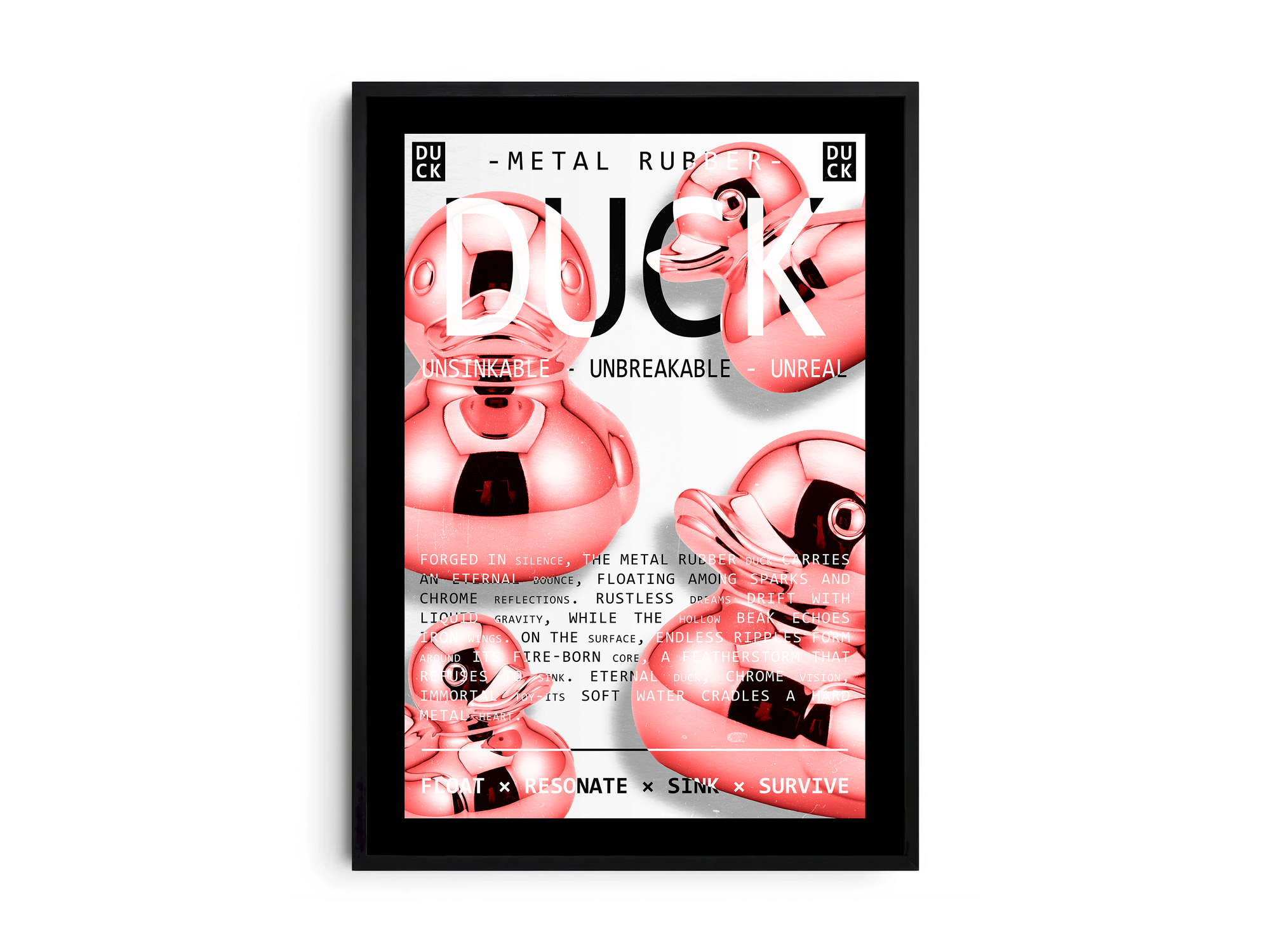 Vibrant metallic rubber duck poster featuring a glossy and reflective illustration in various colors. This modern pop art print is perfect for adding a bold and playful statement to living rooms, offices, or minimalist interiors.