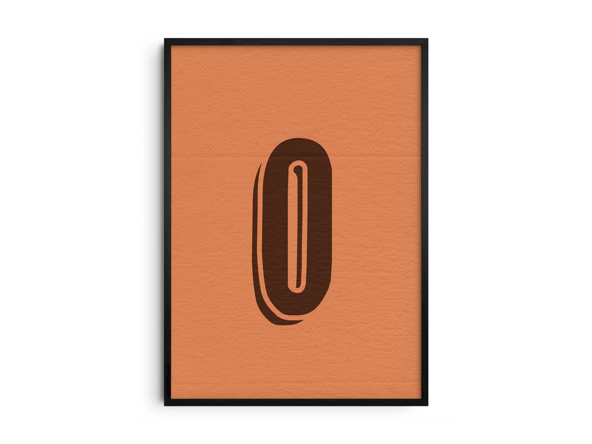 Warm retro 3D alphabet letter O poster, featuring a thick, rounded dark brown 'O' with a drop shadow on a burnt orange background. Perfect vintage wall art for cozy spaces, kitchens, or gallery walls with an inviting, graphic, and nostalgic aesthetic.