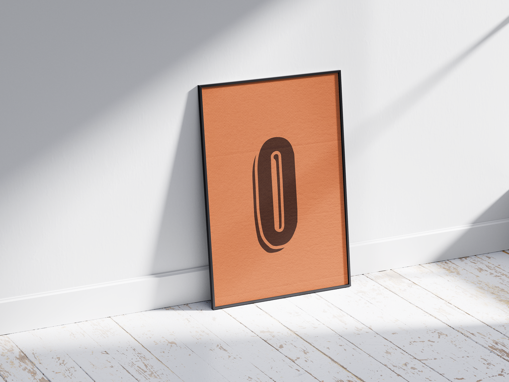Warm retro 3D alphabet letter O poster, featuring a thick, rounded dark brown 'O' with a drop shadow on a burnt orange background. Perfect vintage wall art for cozy spaces, kitchens, or gallery walls with an inviting, graphic, and nostalgic aesthetic.