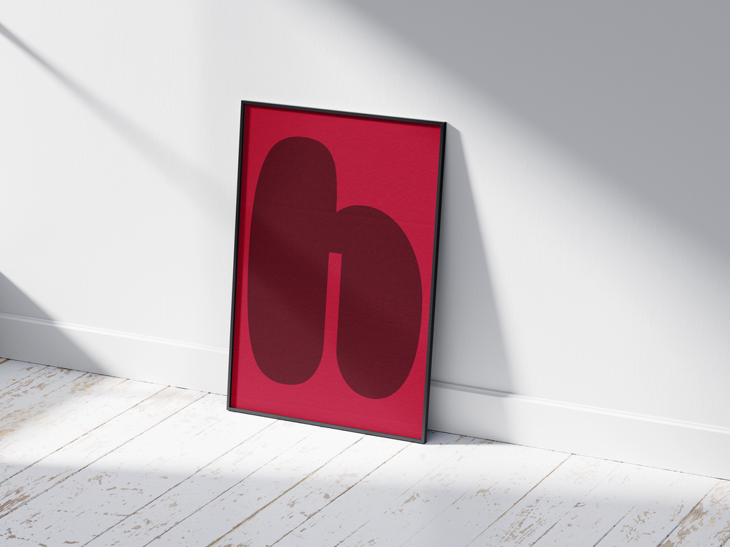 Bold retro abstract alphabet letter H poster, featuring rounded maroon shapes on a bright magenta background. Perfect mid-century modern wall art for living rooms, offices, or gallery walls with a warm, graphic, and nostalgic aesthetic.