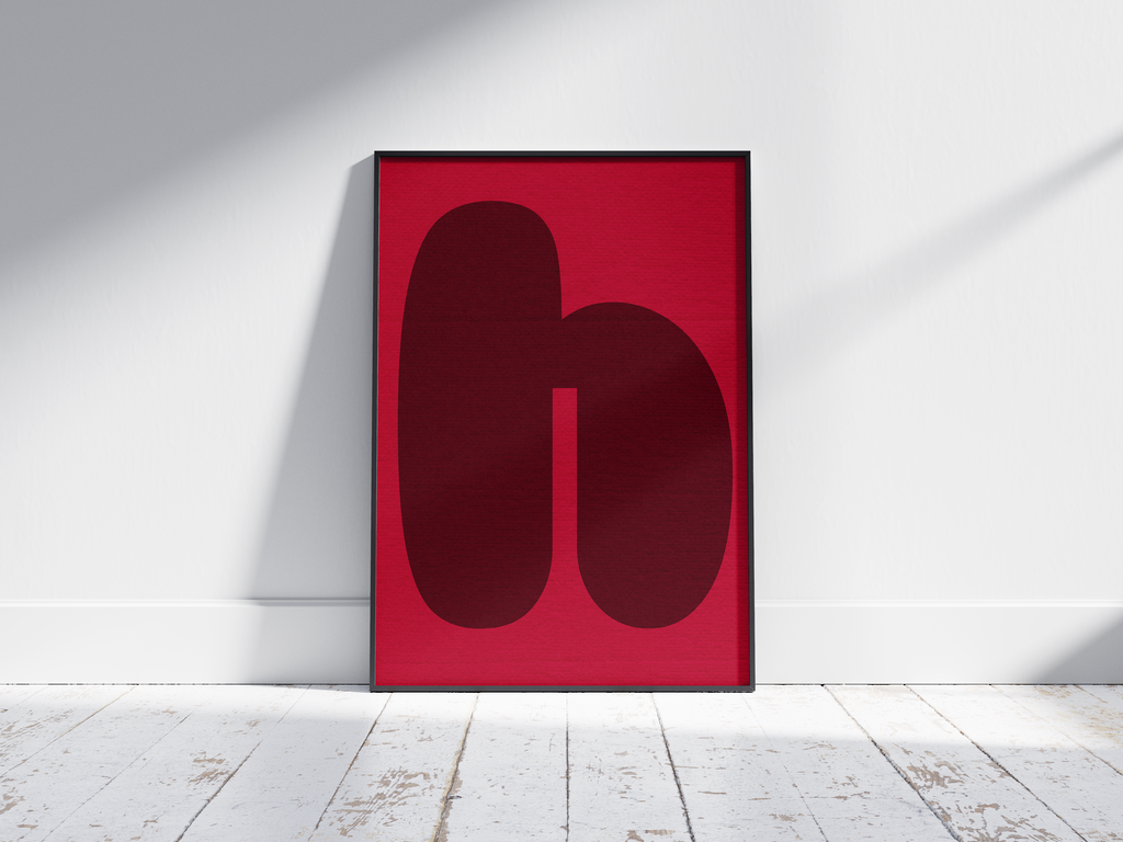 Bold retro abstract alphabet letter H poster, featuring rounded maroon shapes on a bright magenta background. Perfect mid-century modern wall art for living rooms, offices, or gallery walls with a warm, graphic, and nostalgic aesthetic.