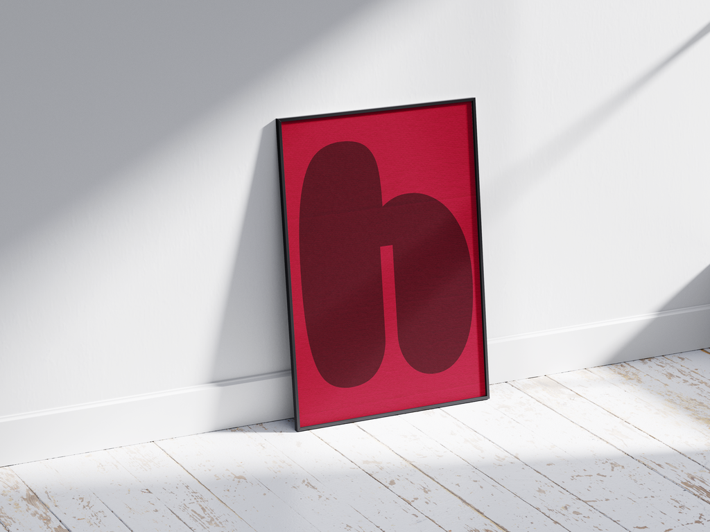 Bold retro abstract alphabet letter H poster, featuring rounded maroon shapes on a bright magenta background. Perfect mid-century modern wall art for living rooms, offices, or gallery walls with a warm, graphic, and nostalgic aesthetic.