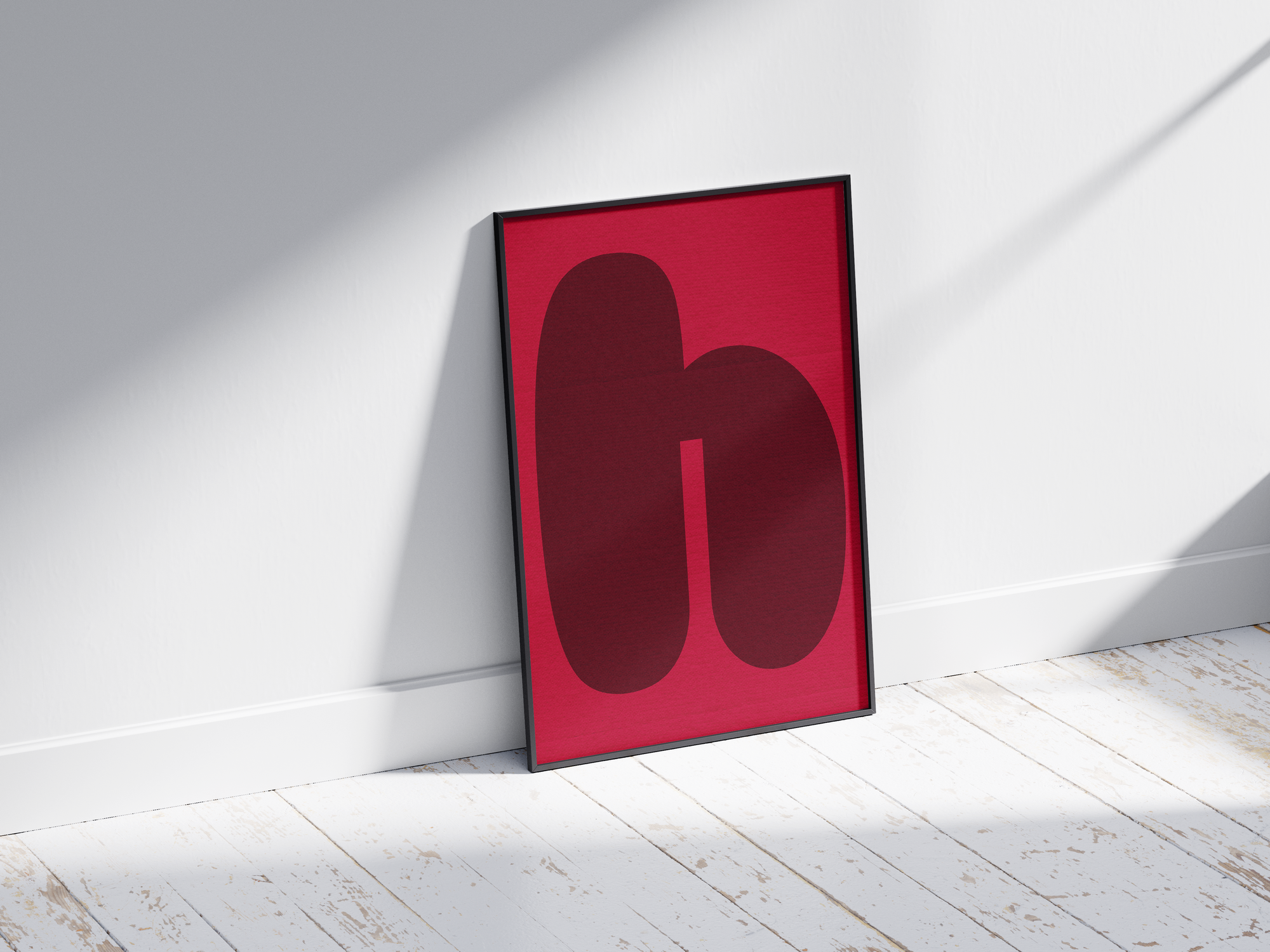 Bold retro abstract alphabet letter H poster, featuring rounded maroon shapes on a bright magenta background. Perfect mid-century modern wall art for living rooms, offices, or gallery walls with a warm, graphic, and nostalgic aesthetic.