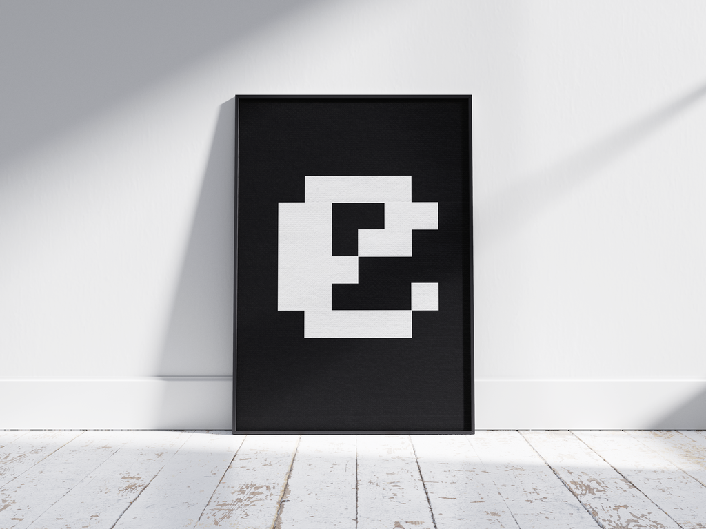 Striking retro pixel art alphabet letter E poster, featuring a deconstructed white 'E' on a stark black background. Perfect wall art for gaming rooms, modern offices, or gallery walls with a minimalist, 8-bit, and tech-inspired aesthetic.