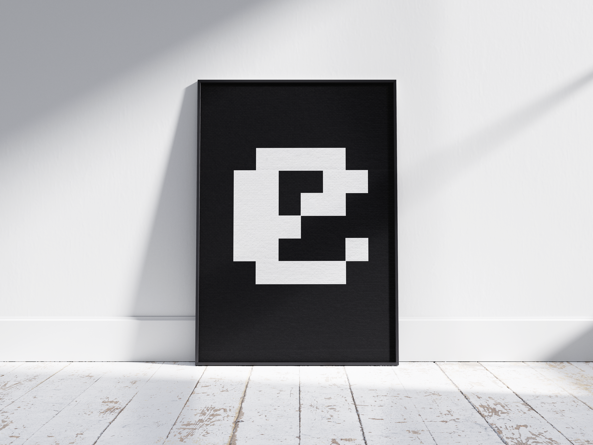 Striking retro pixel art alphabet letter E poster, featuring a deconstructed white 'E' on a stark black background. Perfect wall art for gaming rooms, modern offices, or gallery walls with a minimalist, 8-bit, and tech-inspired aesthetic.