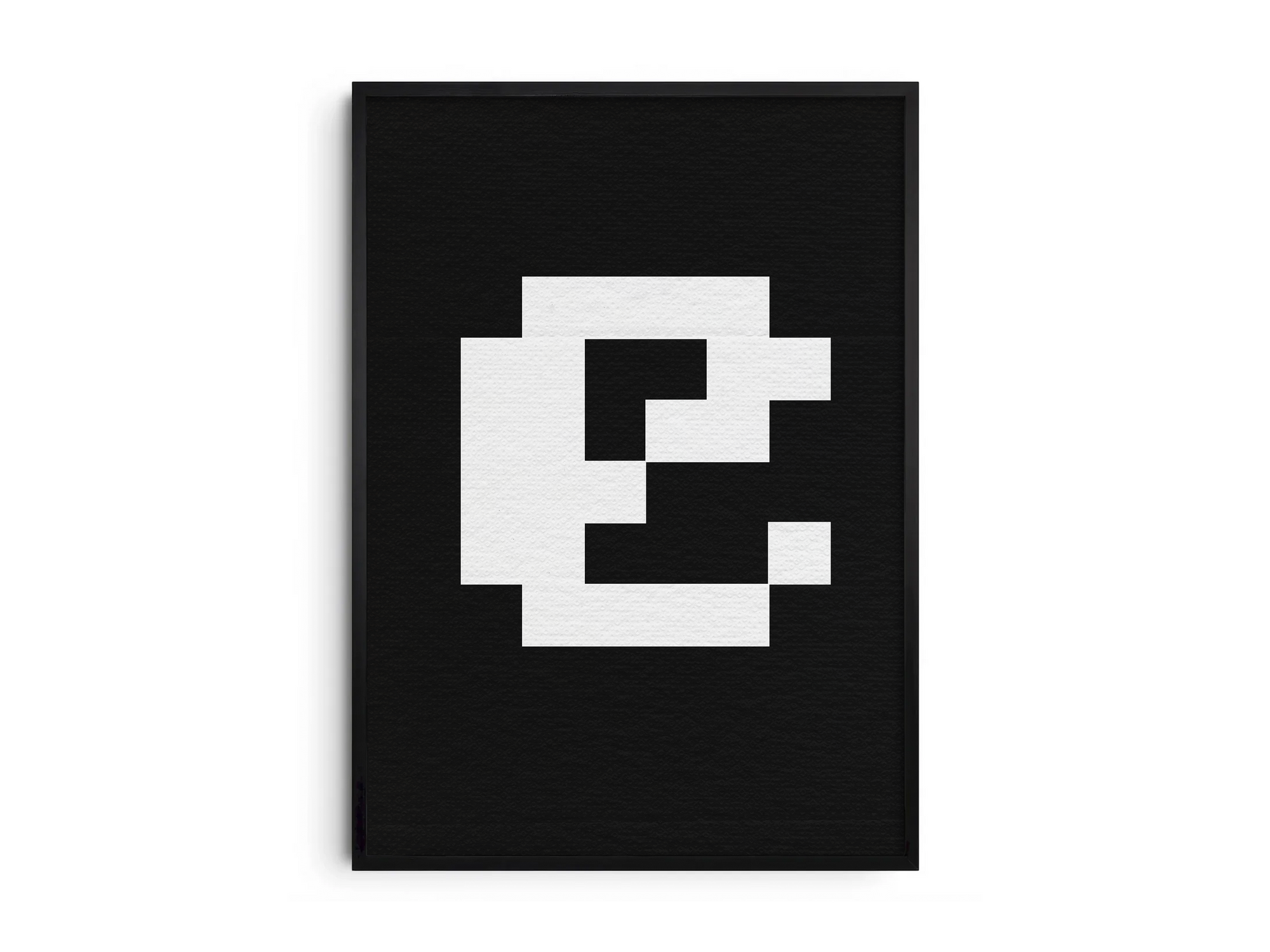 Striking retro pixel art alphabet letter E poster, featuring a deconstructed white 'E' on a stark black background. Perfect wall art for gaming rooms, modern offices, or gallery walls with a minimalist, 8-bit, and tech-inspired aesthetic.
