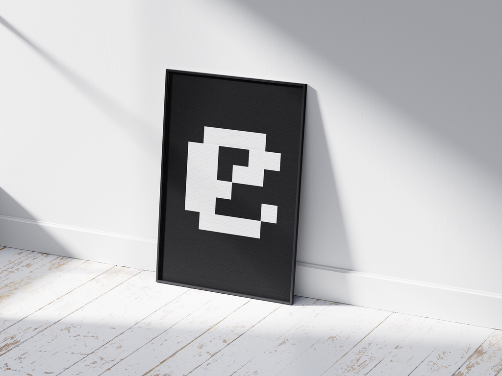 Striking retro pixel art alphabet letter E poster, featuring a deconstructed white 'E' on a stark black background. Perfect wall art for gaming rooms, modern offices, or gallery walls with a minimalist, 8-bit, and tech-inspired aesthetic.