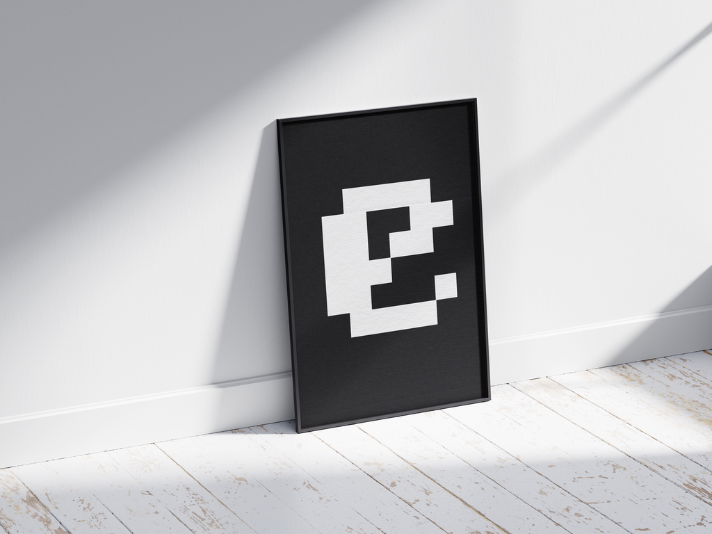 Striking retro pixel art alphabet letter E poster, featuring a deconstructed white 'E' on a stark black background. Perfect wall art for gaming rooms, modern offices, or gallery walls with a minimalist, 8-bit, and tech-inspired aesthetic.