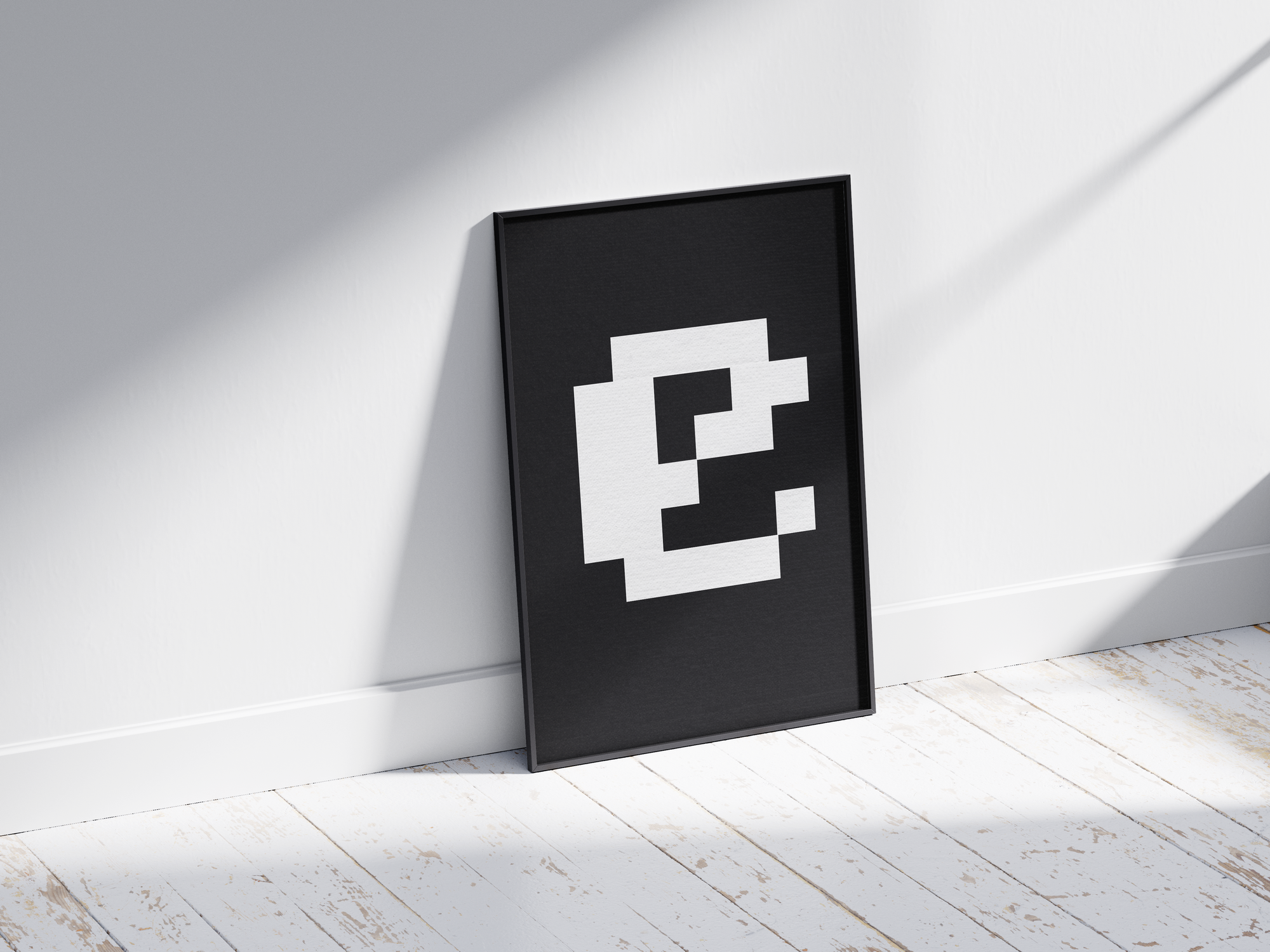 Striking retro pixel art alphabet letter E poster, featuring a deconstructed white 'E' on a stark black background. Perfect wall art for gaming rooms, modern offices, or gallery walls with a minimalist, 8-bit, and tech-inspired aesthetic.