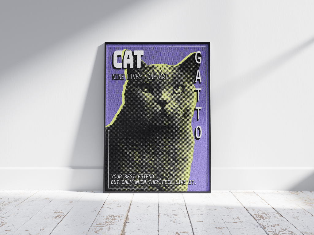 Retro pop art cat poster featuring a graphic feline illustration in yellow tones on a vibrant purple pixelated background, printed on semi-gloss paper. Ideal wall art for living rooms, bedrooms, or modern interiors of cat lovers with a playful and artistic aesthetic.
