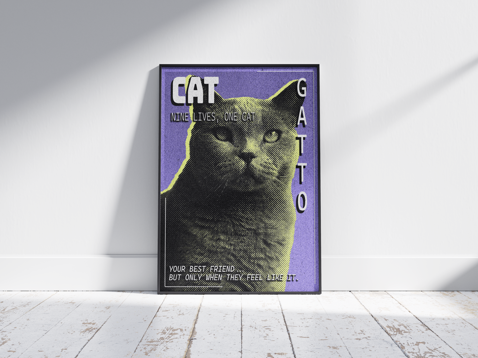Retro pop art cat poster featuring a graphic feline illustration in yellow tones on a vibrant purple pixelated background, printed on semi-gloss paper. Ideal wall art for living rooms, bedrooms, or modern interiors of cat lovers with a playful and artistic aesthetic.