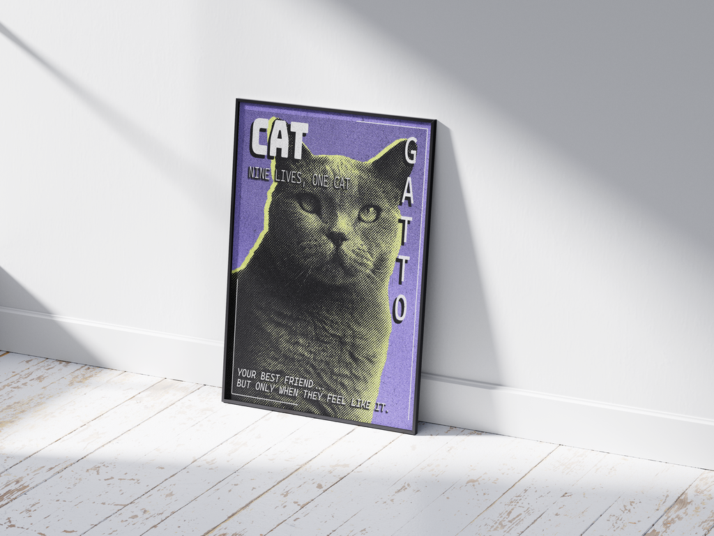 Retro pop art cat poster featuring a graphic feline illustration in yellow tones on a vibrant purple pixelated background, printed on semi-gloss paper. Ideal wall art for living rooms, bedrooms, or modern interiors of cat lovers with a playful and artistic aesthetic.