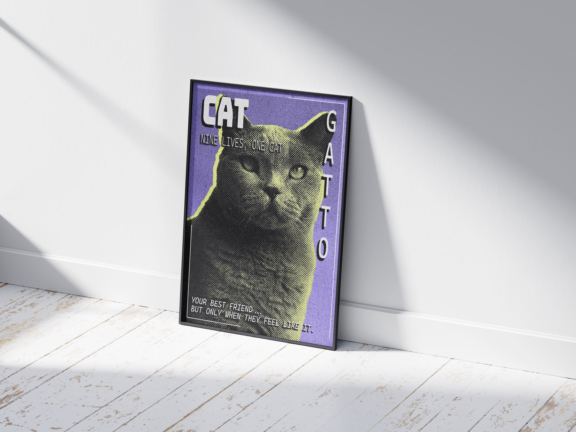 Retro pop art cat poster featuring a graphic feline illustration in yellow tones on a vibrant purple pixelated background, printed on semi-gloss paper. Ideal wall art for living rooms, bedrooms, or modern interiors of cat lovers with a playful and artistic aesthetic.