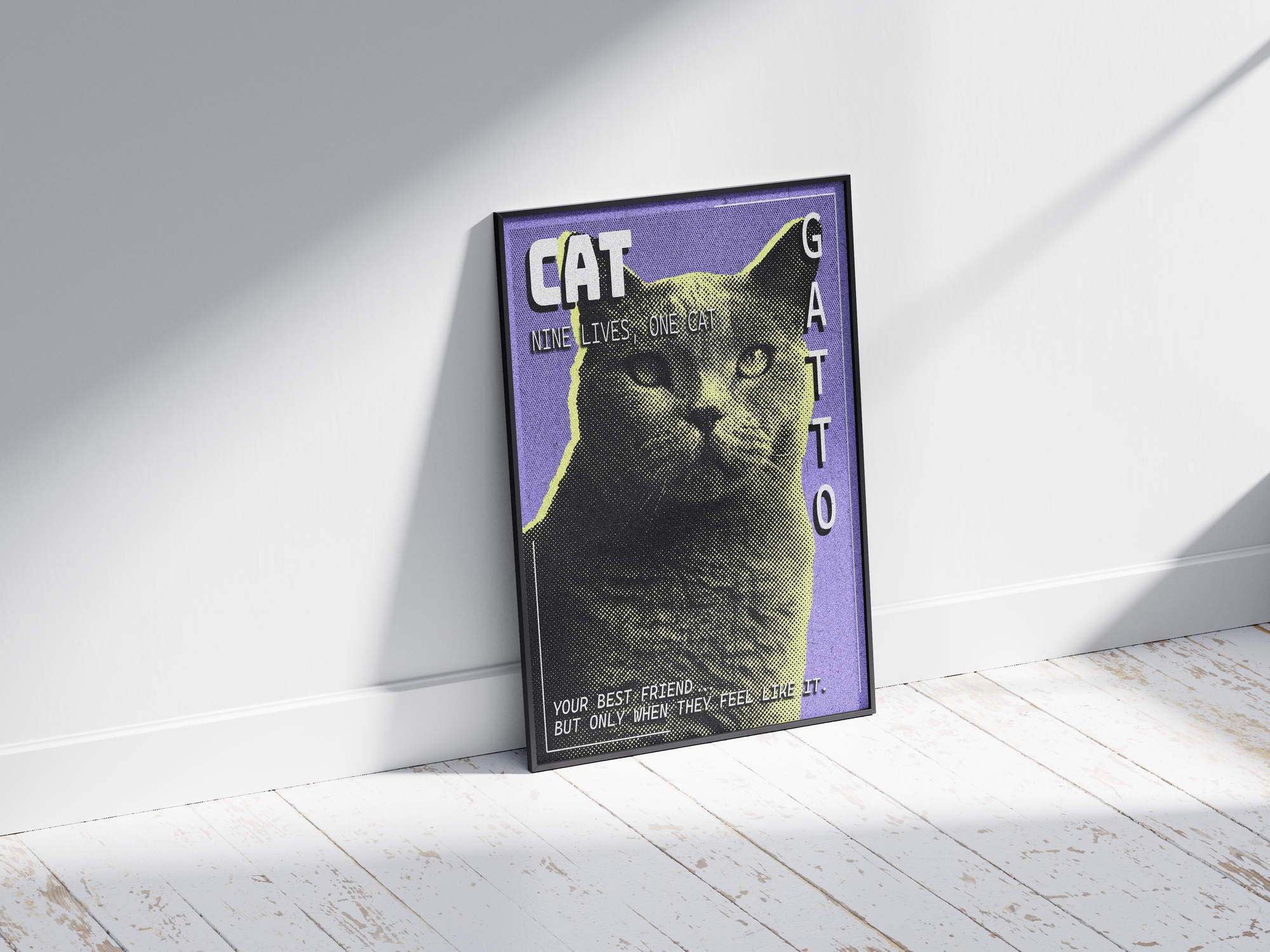 Retro pop art cat poster featuring a graphic feline illustration in yellow tones on a vibrant purple pixelated background, printed on semi-gloss paper. Ideal wall art for living rooms, bedrooms, or modern interiors of cat lovers with a playful and artistic aesthetic.