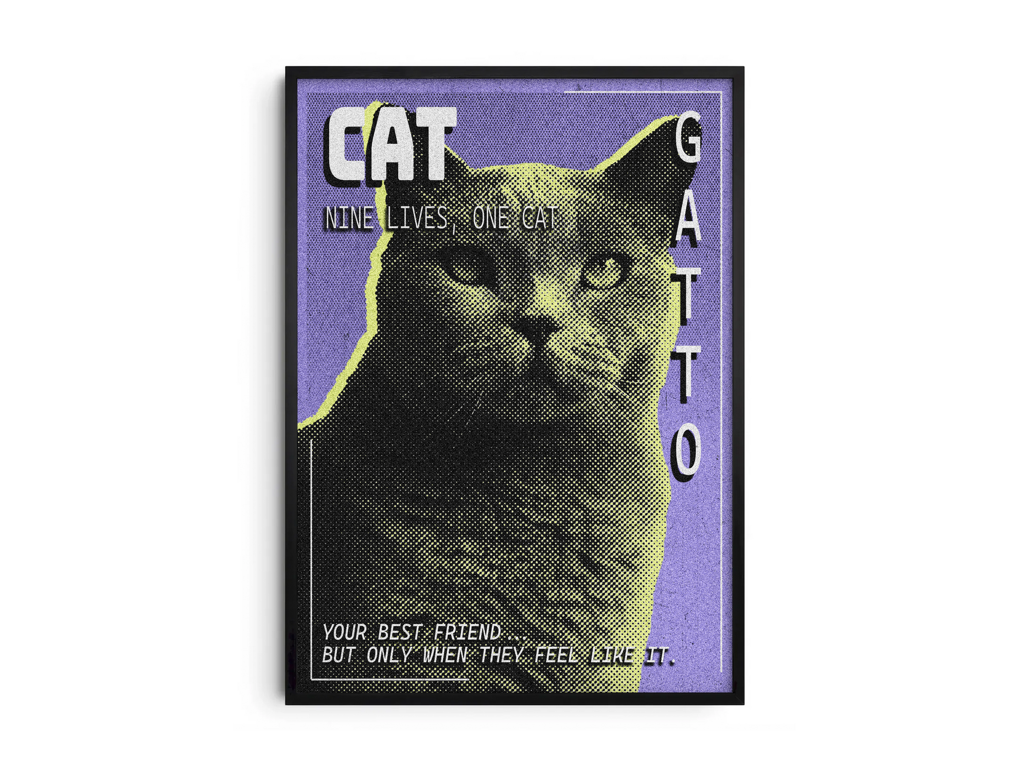 Retro pop art cat poster featuring a graphic feline illustration in yellow tones on a vibrant purple pixelated background, printed on semi-gloss paper. Ideal wall art for living rooms, bedrooms, or modern interiors of cat lovers with a playful and artistic aesthetic.