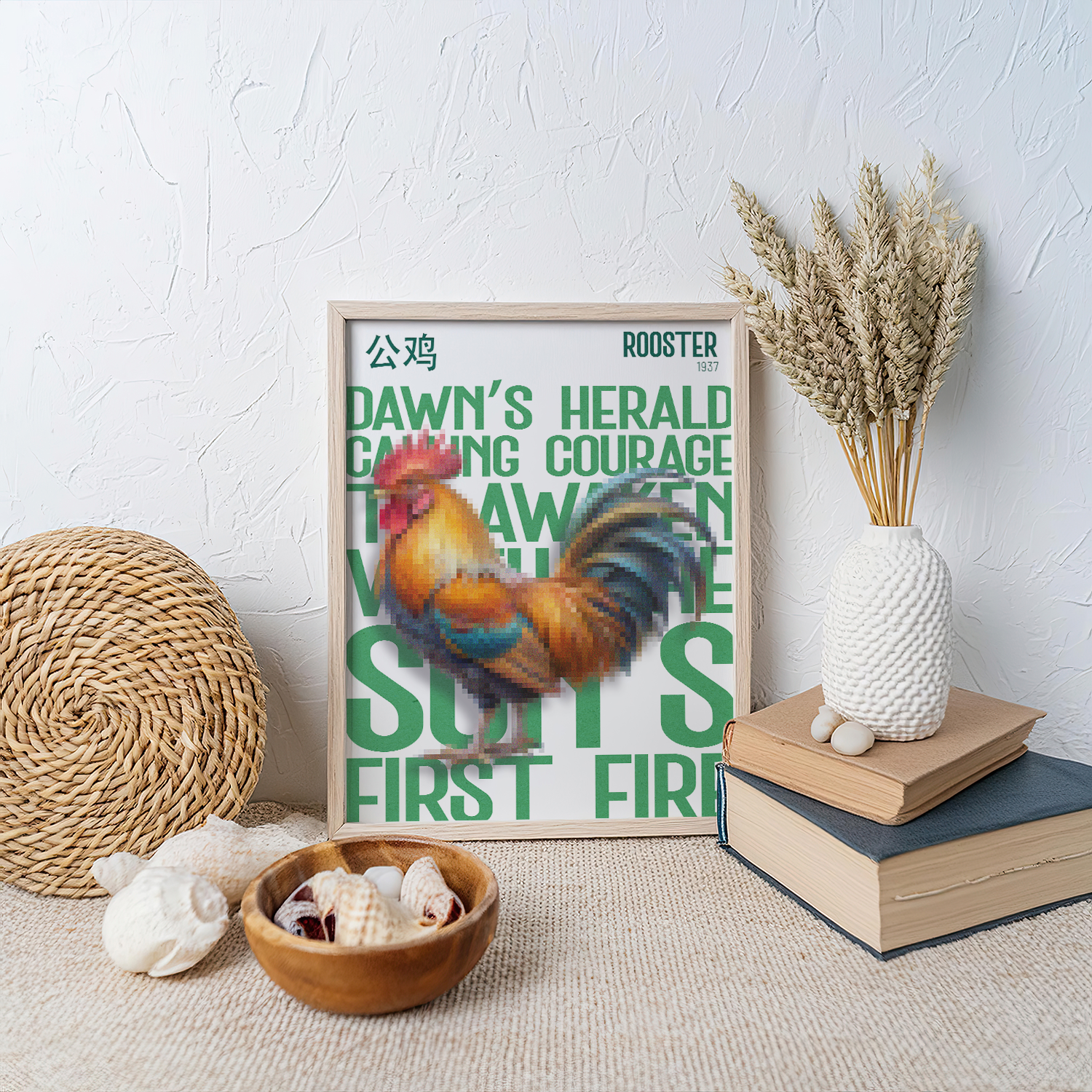 A framed poster featuring a bright, pixelated image of a Rooster. The large green text reads: "DAWN'S HERALD CALLING COURAGE AWAKEN WITH THE SUN'S FIRST FIRE." The poster is styled with natural textures, including a wicker mat, a bowl of seashells, and a vase of dried wheat.