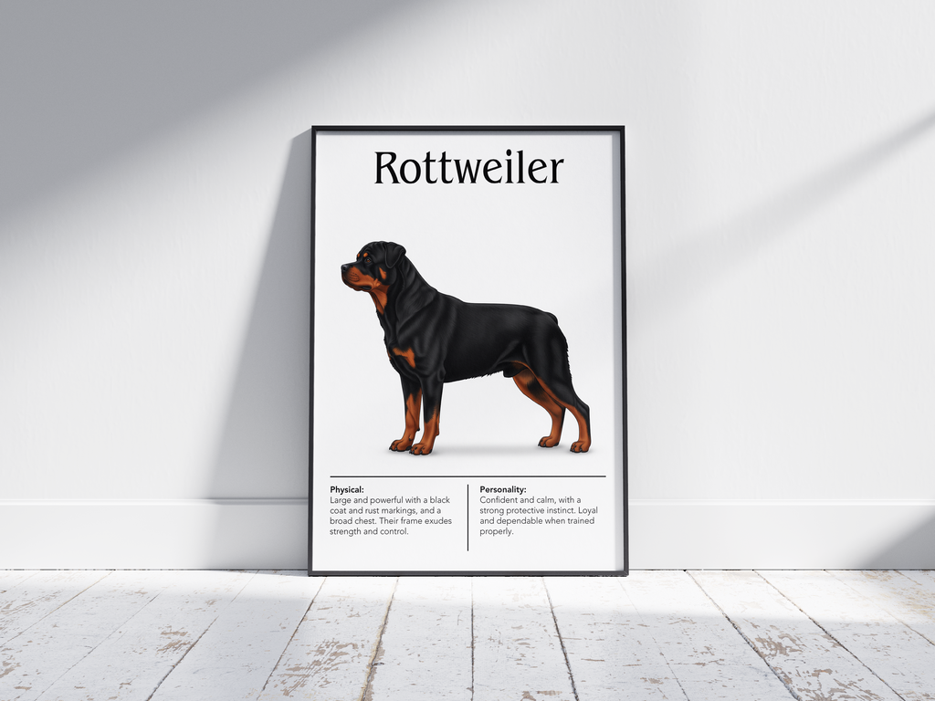 Detailed Rottweiler dog breed poster showcasing its robust build and courageous, loyal personality traits, printed on semi-gloss sustainable paper. Perfect wall art for studies, living rooms, or modern interiors with a powerful and dignified aesthetic.