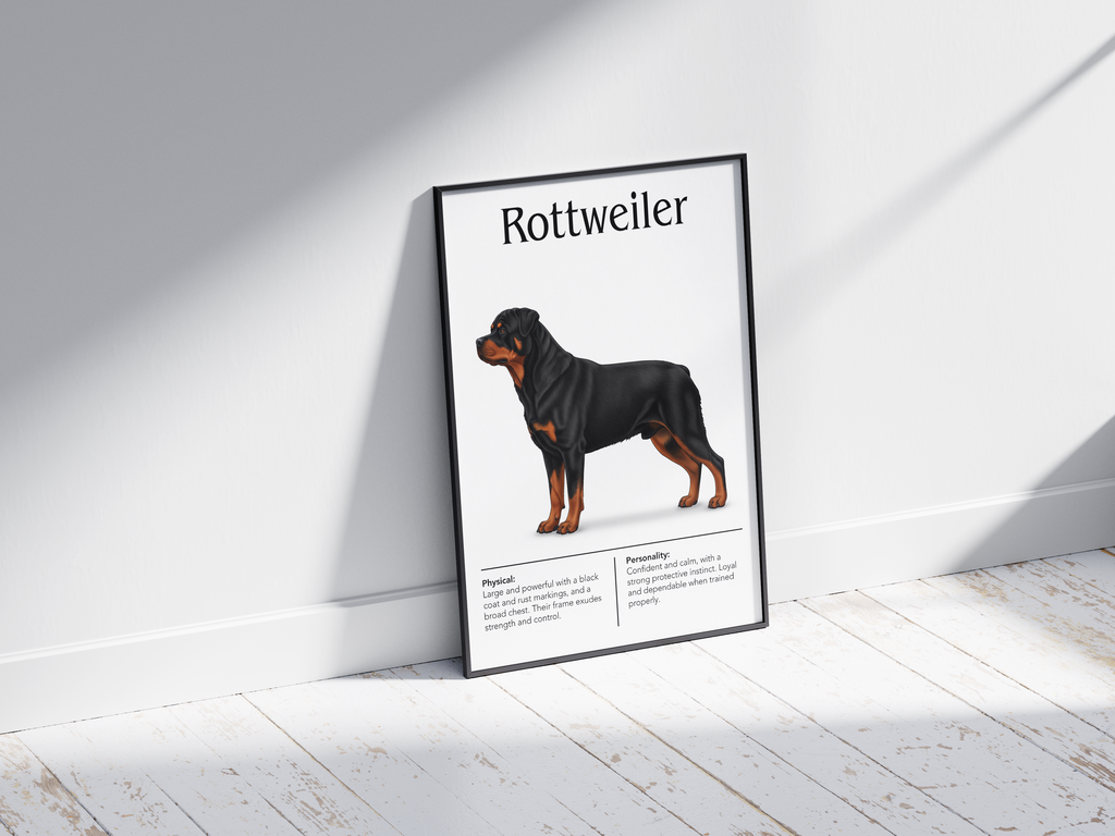 Detailed Rottweiler dog breed poster showcasing its robust build and courageous, loyal personality traits, printed on semi-gloss sustainable paper. Perfect wall art for studies, living rooms, or modern interiors with a powerful and dignified aesthetic.