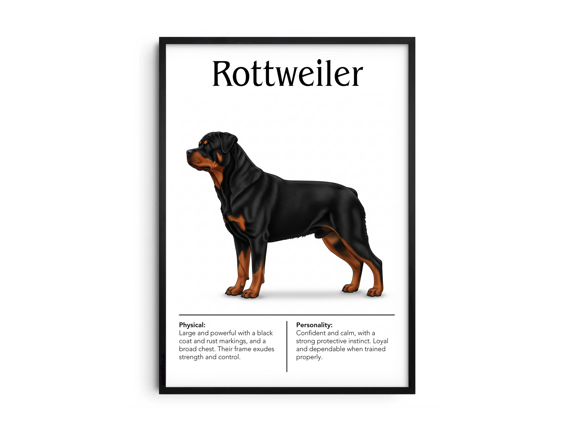 Detailed Rottweiler dog breed poster showcasing its robust build and courageous, loyal personality traits, printed on semi-gloss sustainable paper. Perfect wall art for studies, living rooms, or modern interiors with a powerful and dignified aesthetic.