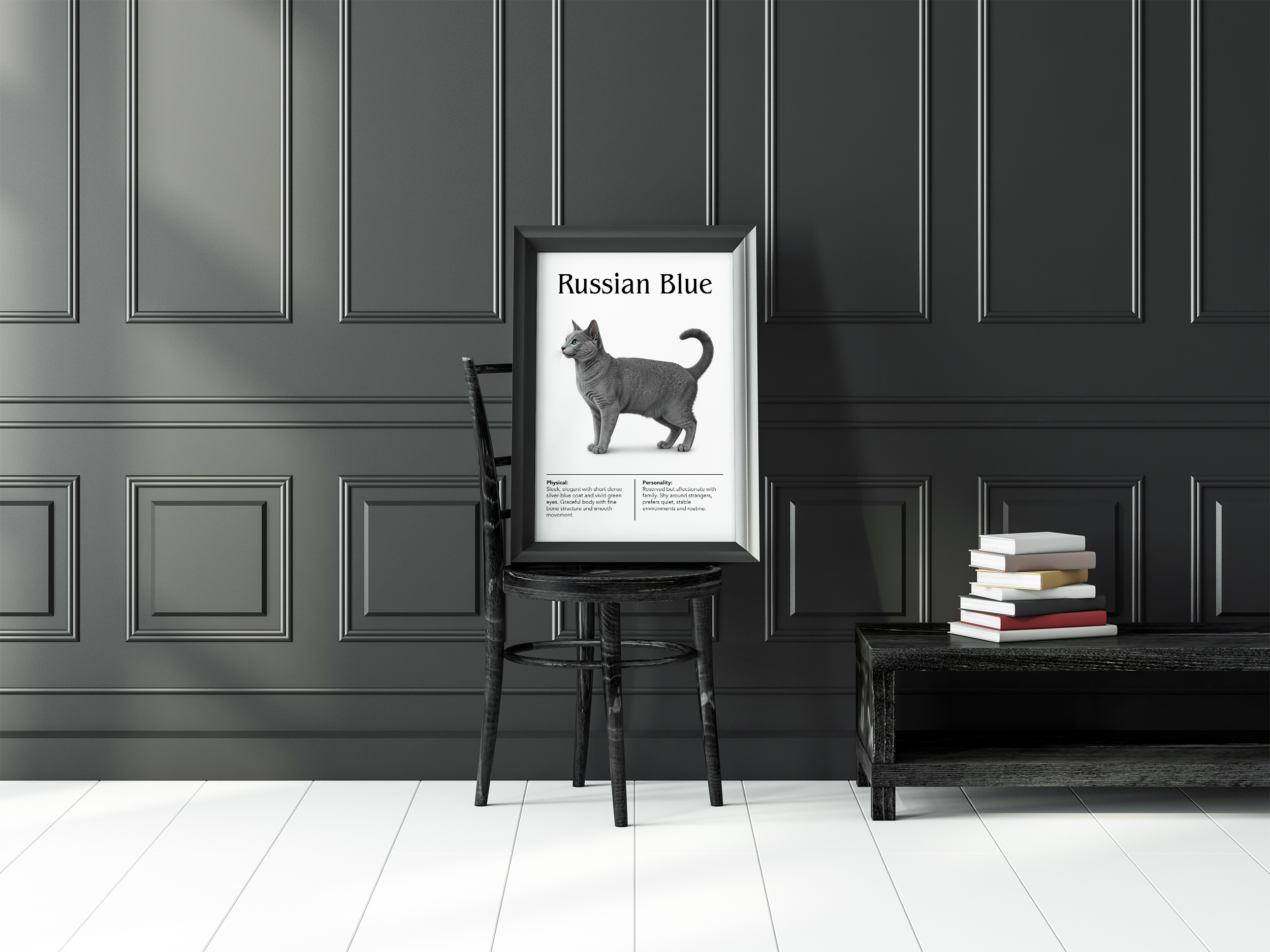 A black-framed poster of a solid grey Russian Blue cat, resting on a black wooden chair against a dark grey panelled wall, next to a small table with books.