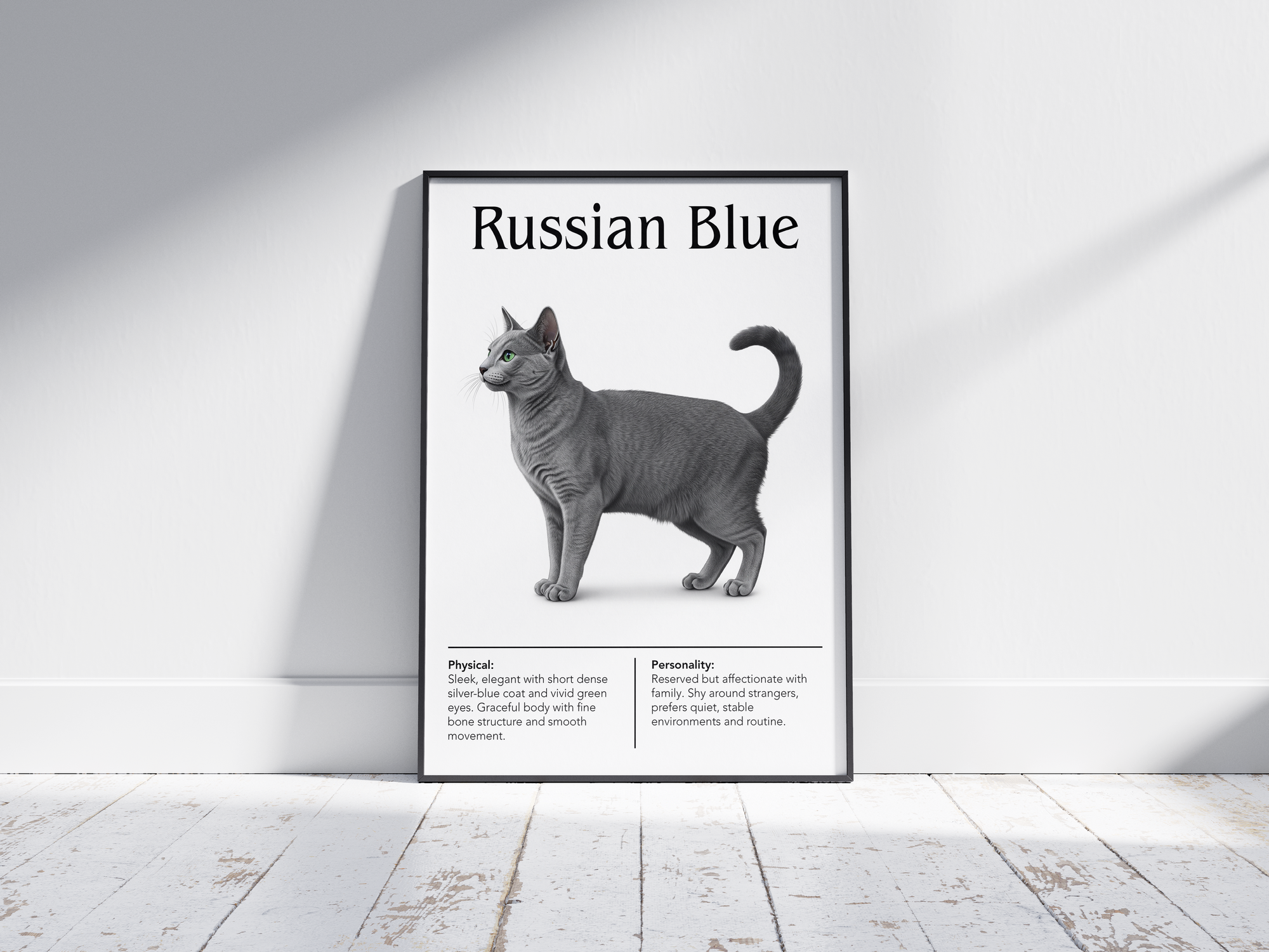 Minimalist Russian Blue cat breed poster featuring a detailed illustration of the cat's shimmering blue-gray coat and emerald eyes, printed on semi-gloss sustainable paper. Perfect wall art for modern living rooms, studies, or elegant interiors with a calm and sophisticated aesthetic.