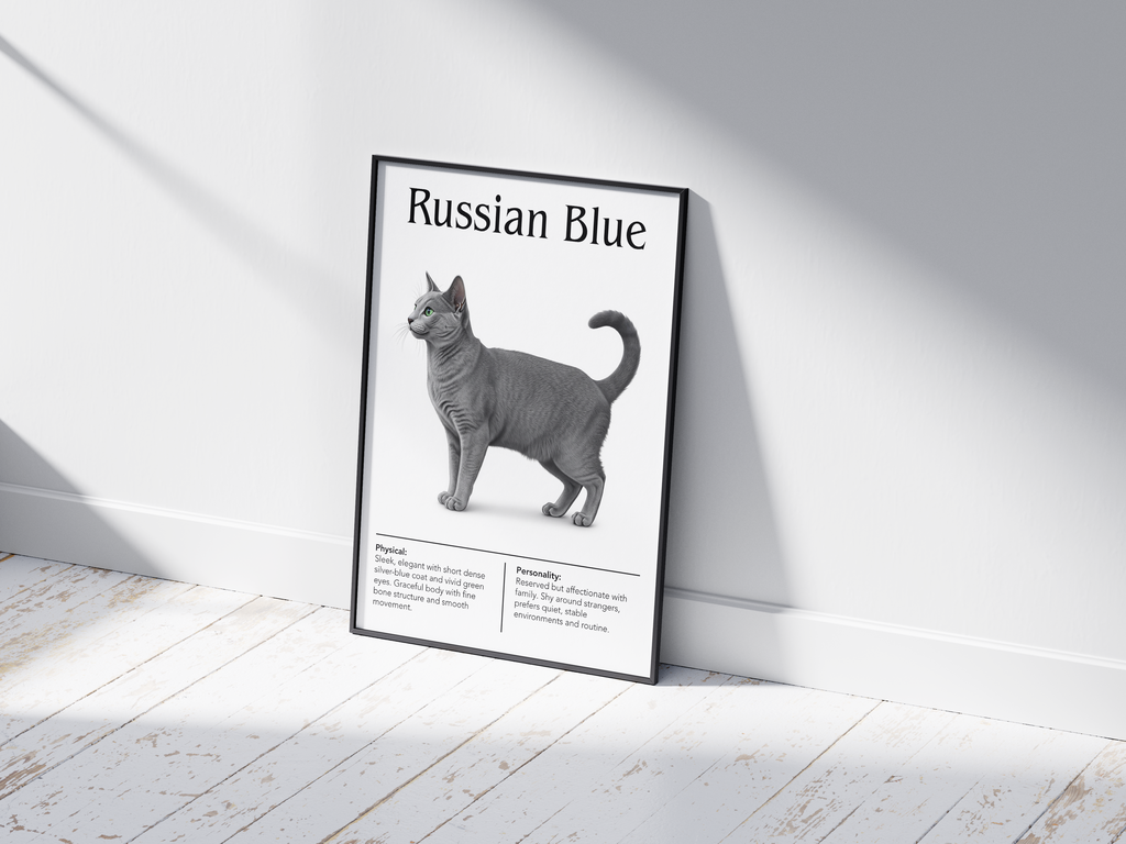 Minimalist Russian Blue cat breed poster featuring a detailed illustration of the cat's shimmering blue-gray coat and emerald eyes, printed on semi-gloss sustainable paper. Perfect wall art for modern living rooms, studies, or elegant interiors with a calm and sophisticated aesthetic.