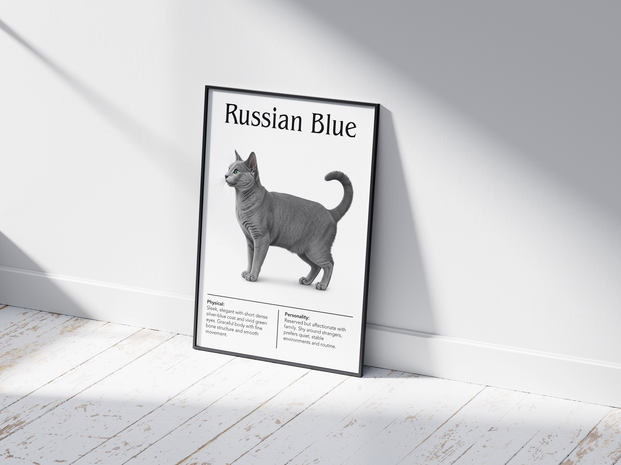 Minimalist Russian Blue cat breed poster featuring a detailed illustration of the cat's shimmering blue-gray coat and emerald eyes, printed on semi-gloss sustainable paper. Perfect wall art for modern living rooms, studies, or elegant interiors with a calm and sophisticated aesthetic.