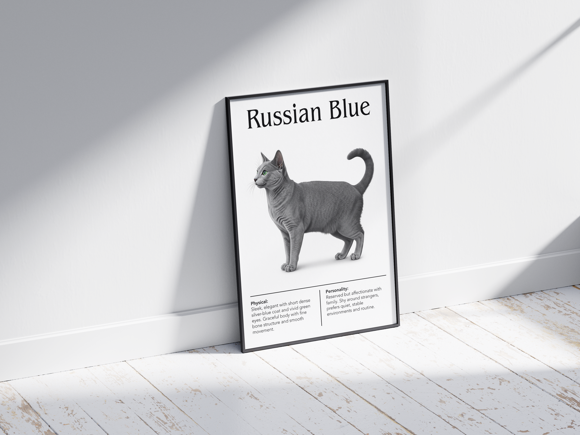 Minimalist Russian Blue cat breed poster featuring a detailed illustration of the cat's shimmering blue-gray coat and emerald eyes, printed on semi-gloss sustainable paper. Perfect wall art for modern living rooms, studies, or elegant interiors with a calm and sophisticated aesthetic.