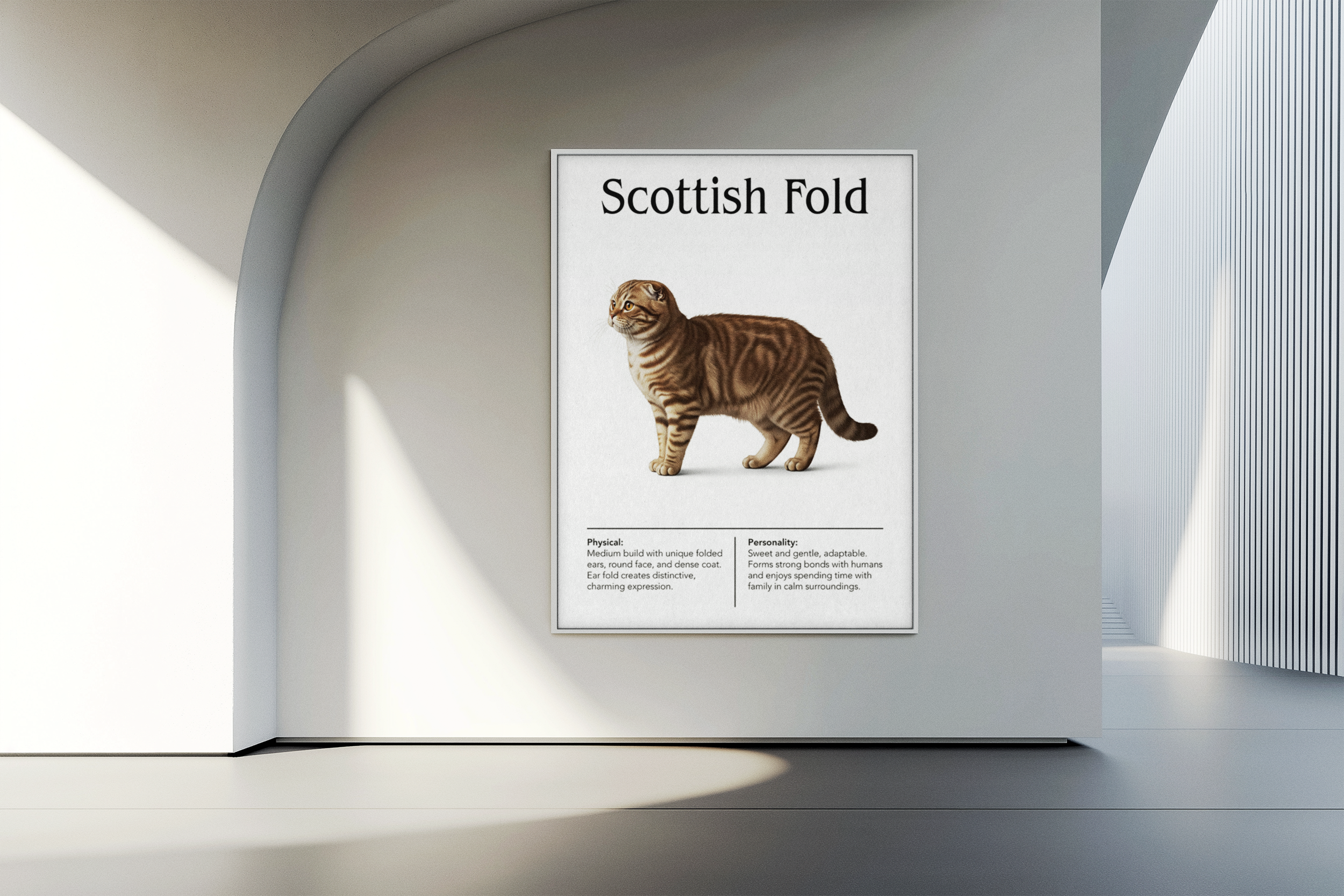 A white-framed poster featuring a brown striped Scottish Fold cat, displayed in a bright, modern, and minimalist interior with a curved white wall.