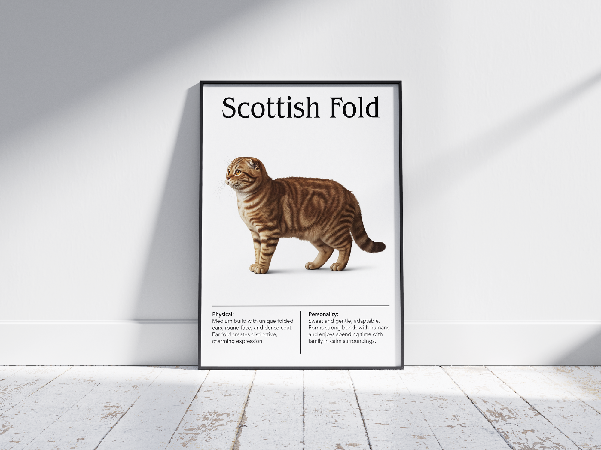 Adorable Scottish Fold cat breed poster featuring a detailed illustration of its unique folded ears, round face, and expressive eyes, printed on semi-gloss sustainable paper. Perfect wall art for cozy living rooms, children's rooms, or charming interiors with a cute and whimsical aesthetic.