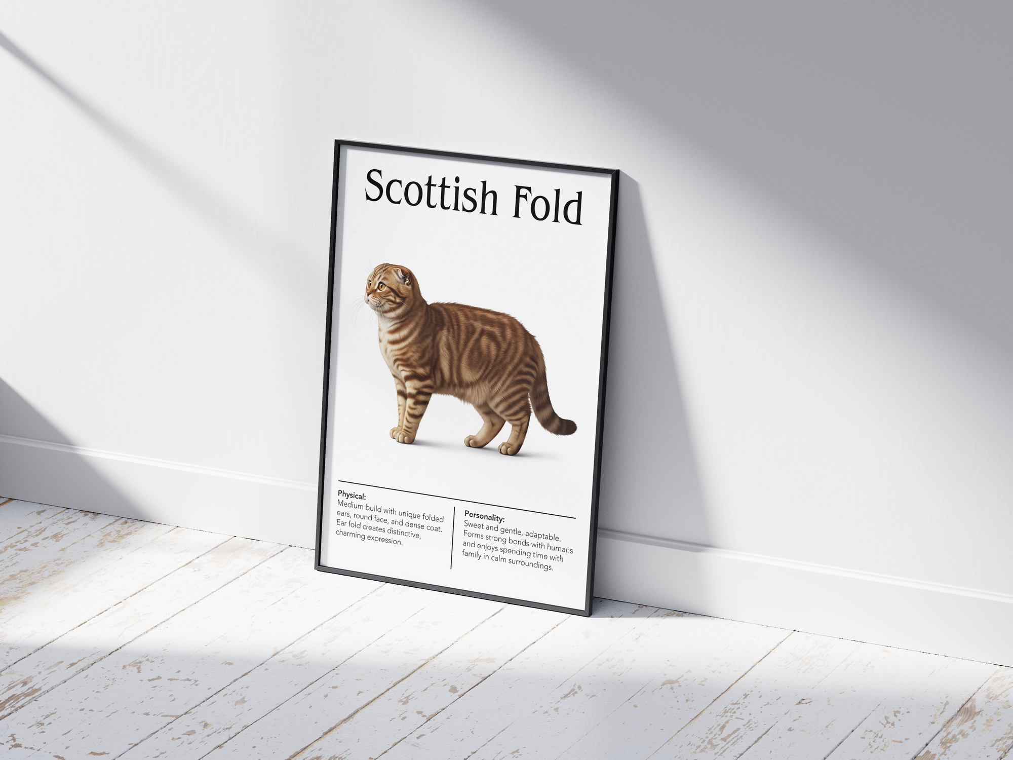 Adorable Scottish Fold cat breed poster featuring a detailed illustration of its unique folded ears, round face, and expressive eyes, printed on semi-gloss sustainable paper. Perfect wall art for cozy living rooms, children's rooms, or charming interiors with a cute and whimsical aesthetic.