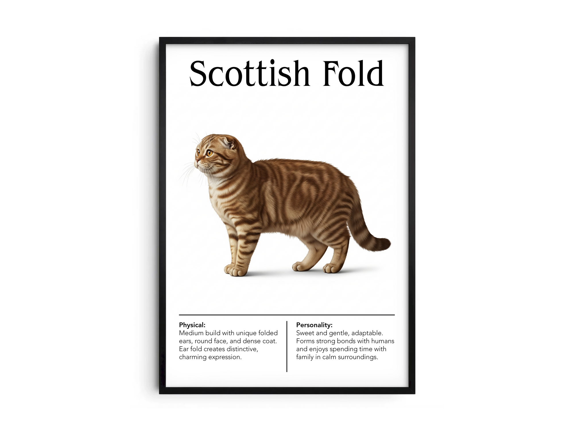 Adorable Scottish Fold cat breed poster featuring a detailed illustration of its unique folded ears, round face, and expressive eyes, printed on semi-gloss sustainable paper. Perfect wall art for cozy living rooms, children's rooms, or charming interiors with a cute and whimsical aesthetic.