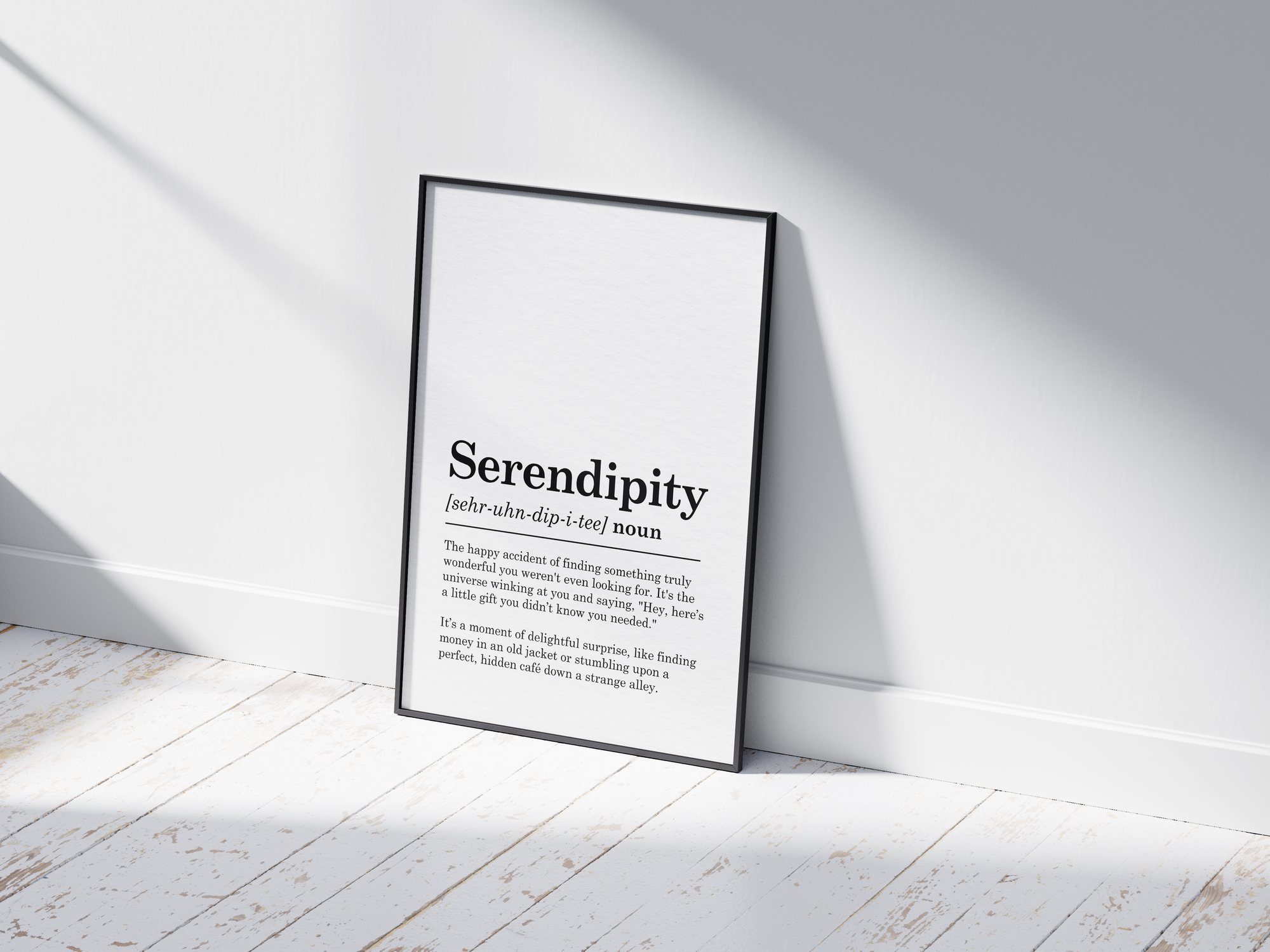 Minimalist Serendipity definition poster featuring elegant black text on a crisp white background. This joyful and inspiring piece of wall art is perfect for adding a sense of optimism and wonder to living rooms, studies, or gallery walls with a modern or minimalist aesthetic.