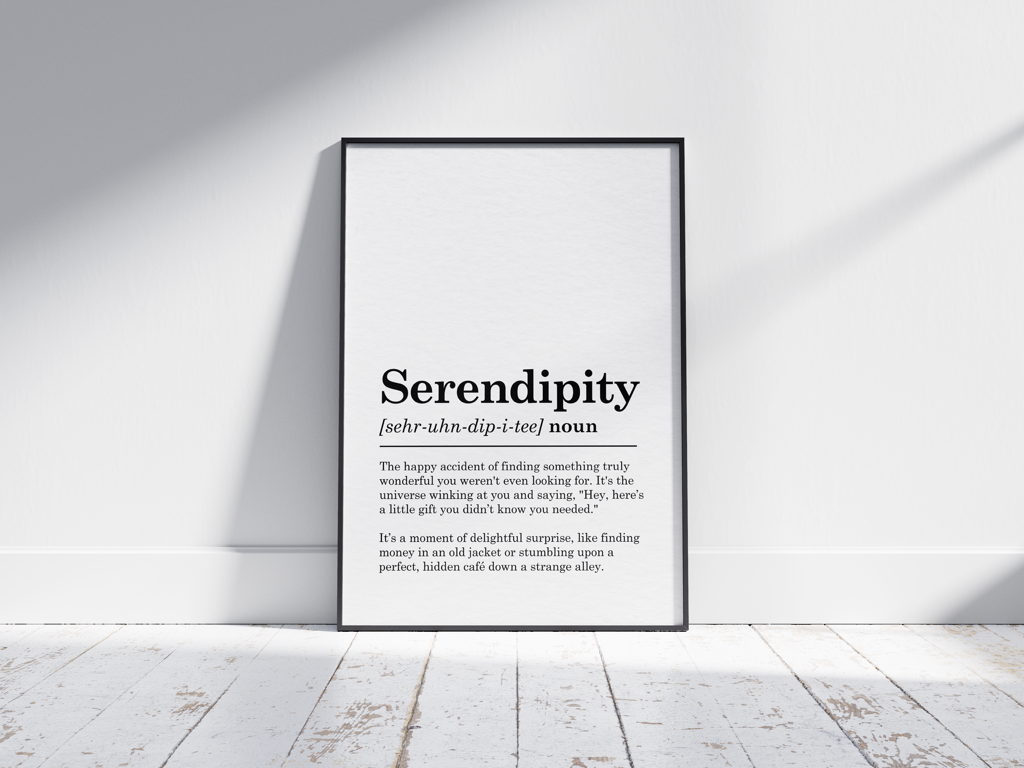Minimalist Serendipity definition poster featuring elegant black text on a crisp white background. This joyful and inspiring piece of wall art is perfect for adding a sense of optimism and wonder to living rooms, studies, or gallery walls with a modern or minimalist aesthetic.