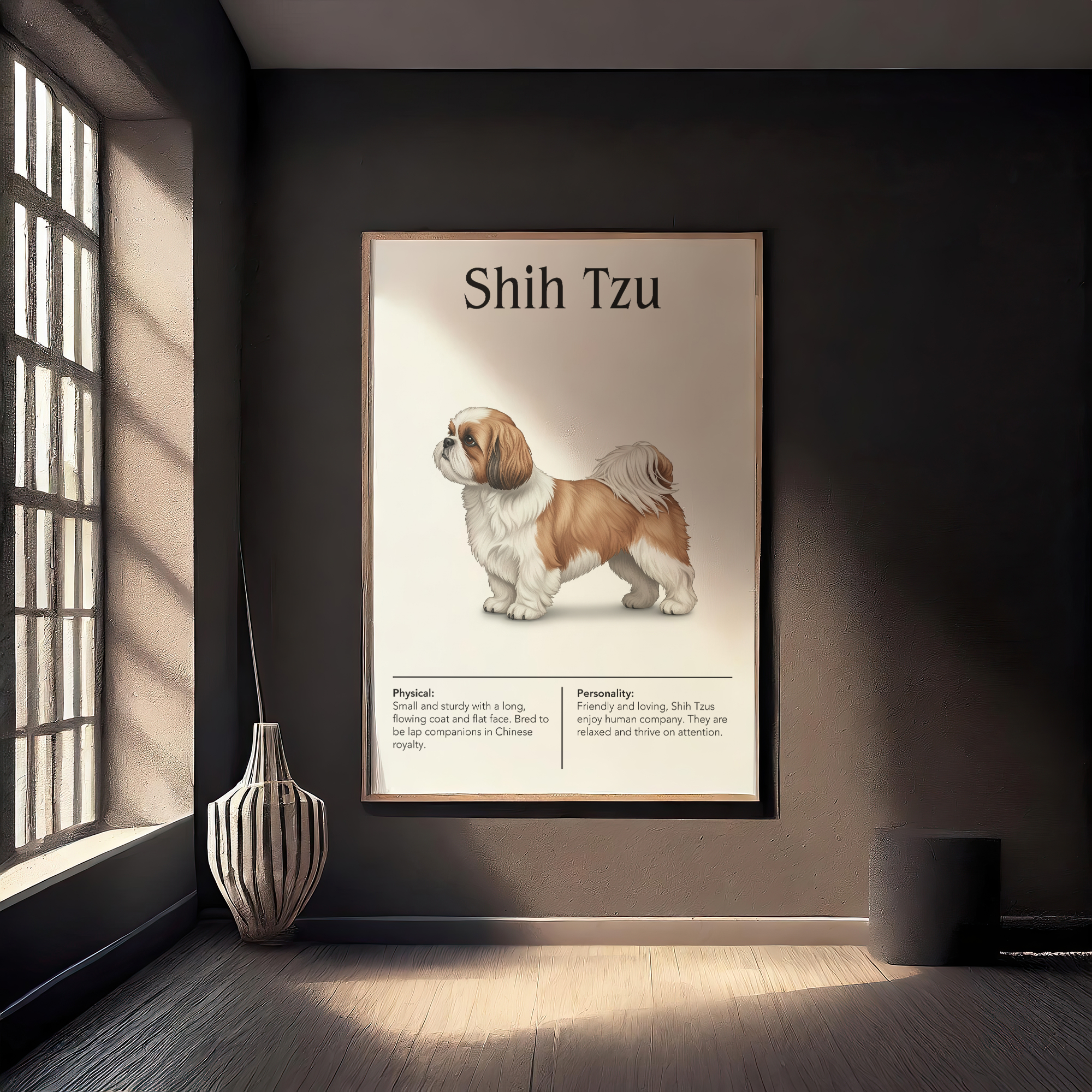 A large, light wood-framed poster of a brown and white Shih Tzu, leaning against a dark grey wall in a dim room with a large window and a striped vase.