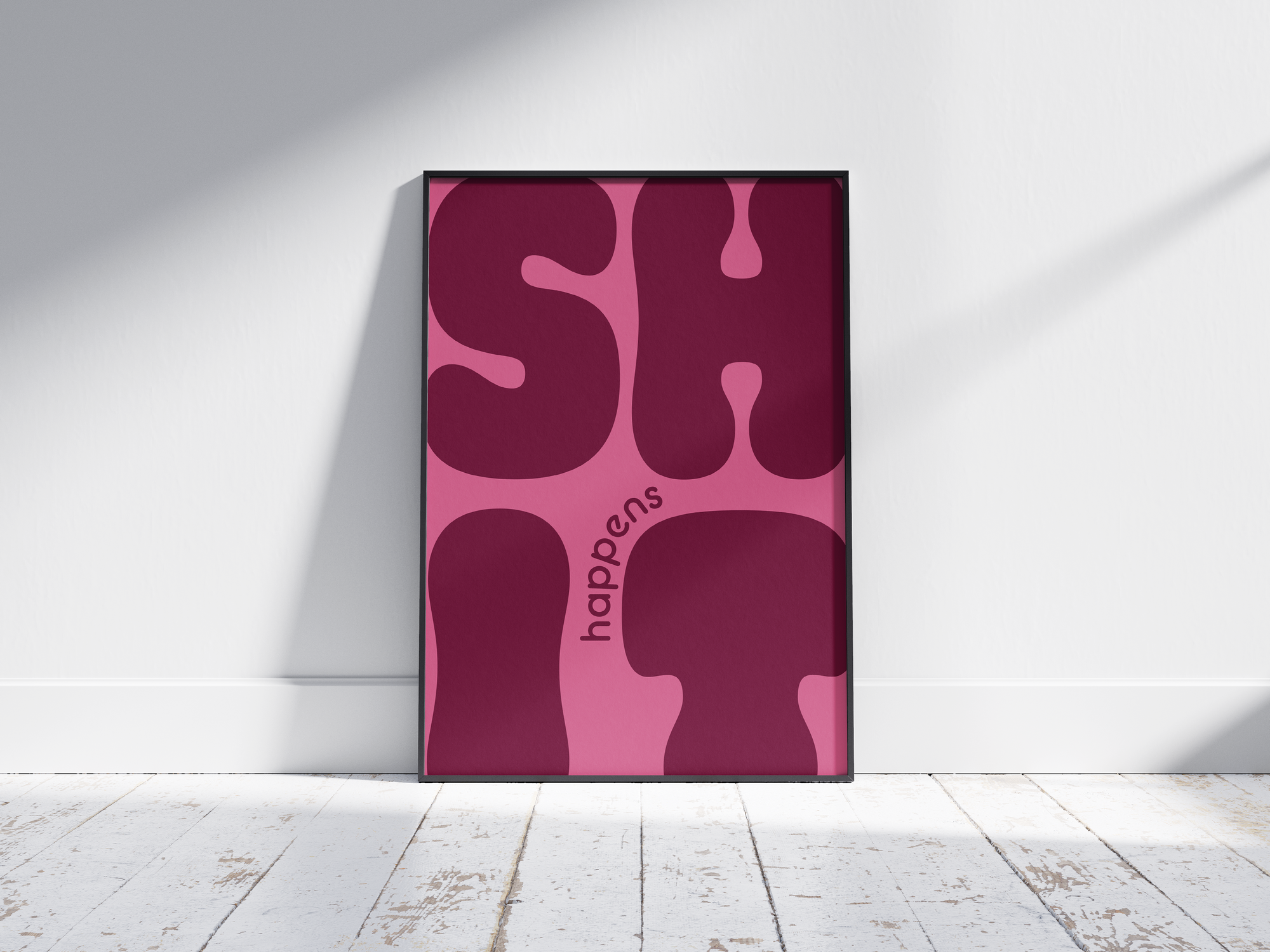 Bold "Shit Happens" modern art poster featuring large, wavy purple typography on a pink background, printed on semi-gloss sustainable paper. Perfect wall art for living rooms, offices, or contemporary interiors with a humorous and confident aesthetic.