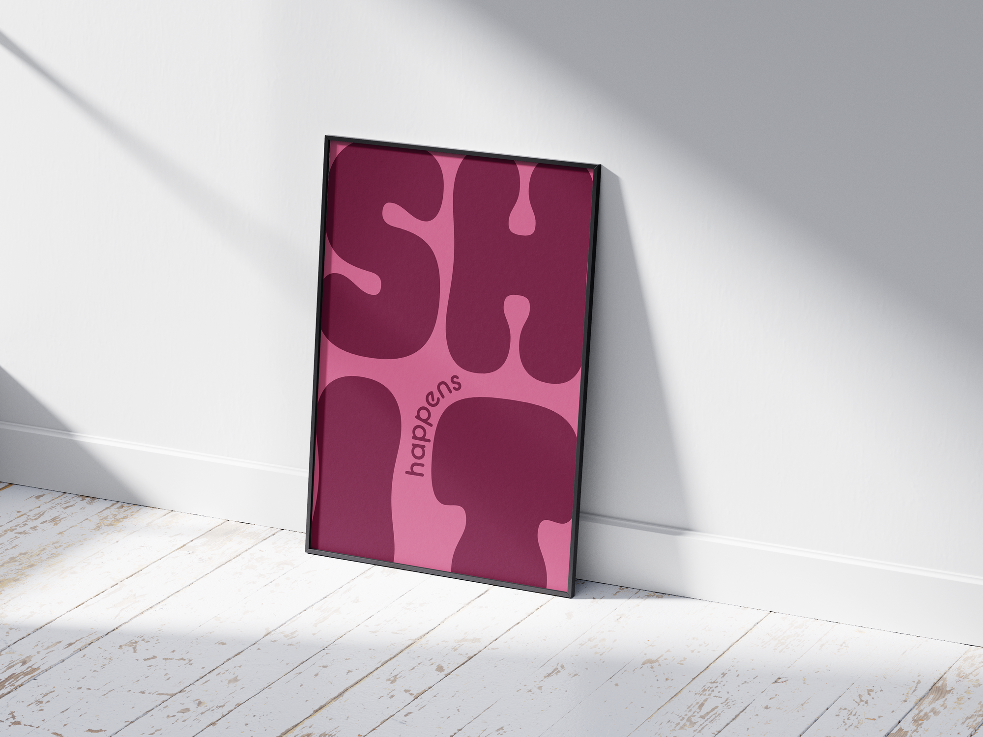 Bold "Shit Happens" modern art poster featuring large, wavy purple typography on a pink background, printed on semi-gloss sustainable paper. Perfect wall art for living rooms, offices, or contemporary interiors with a humorous and confident aesthetic.