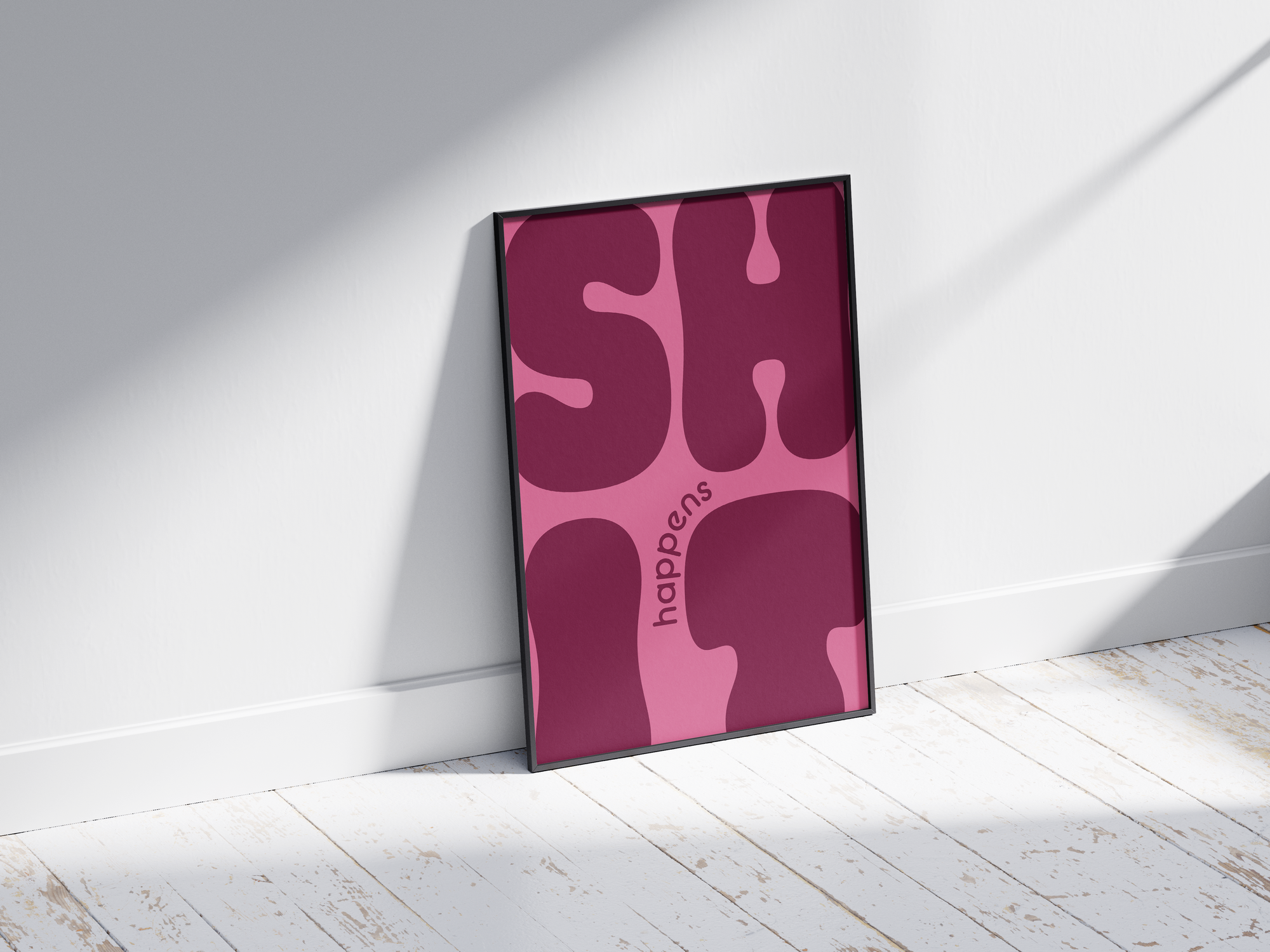 Bold "Shit Happens" modern art poster featuring large, wavy purple typography on a pink background, printed on semi-gloss sustainable paper. Perfect wall art for living rooms, offices, or contemporary interiors with a humorous and confident aesthetic.