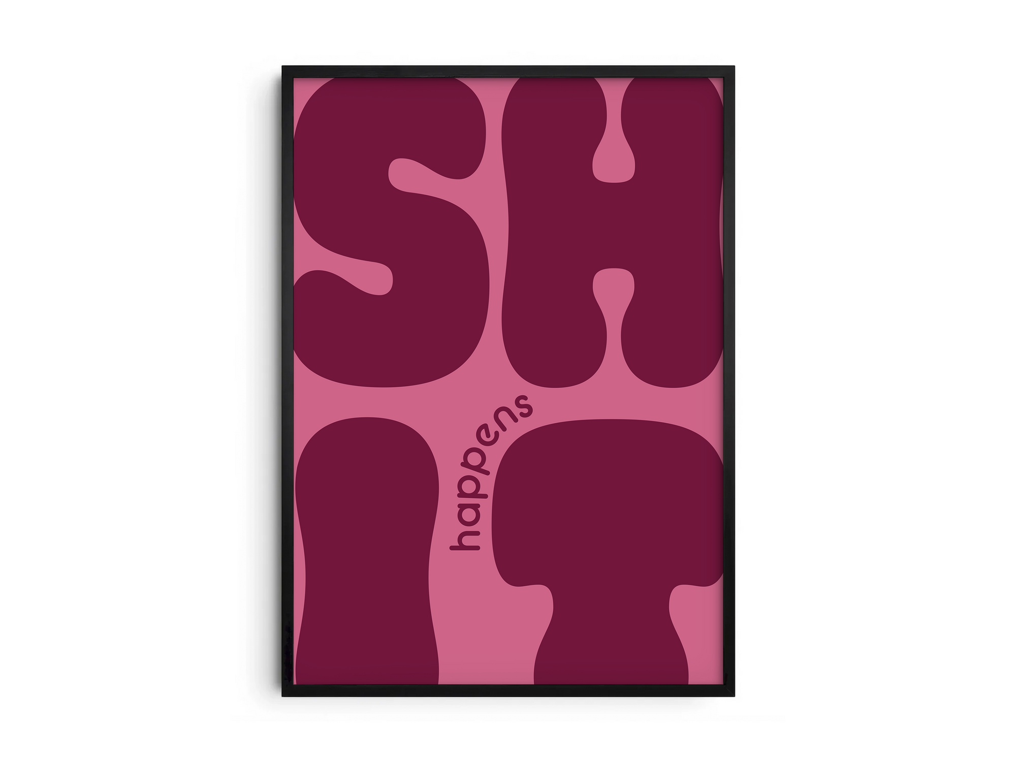Bold "Shit Happens" modern art poster featuring large, wavy purple typography on a pink background, printed on semi-gloss sustainable paper. Perfect wall art for living rooms, offices, or contemporary interiors with a humorous and confident aesthetic.