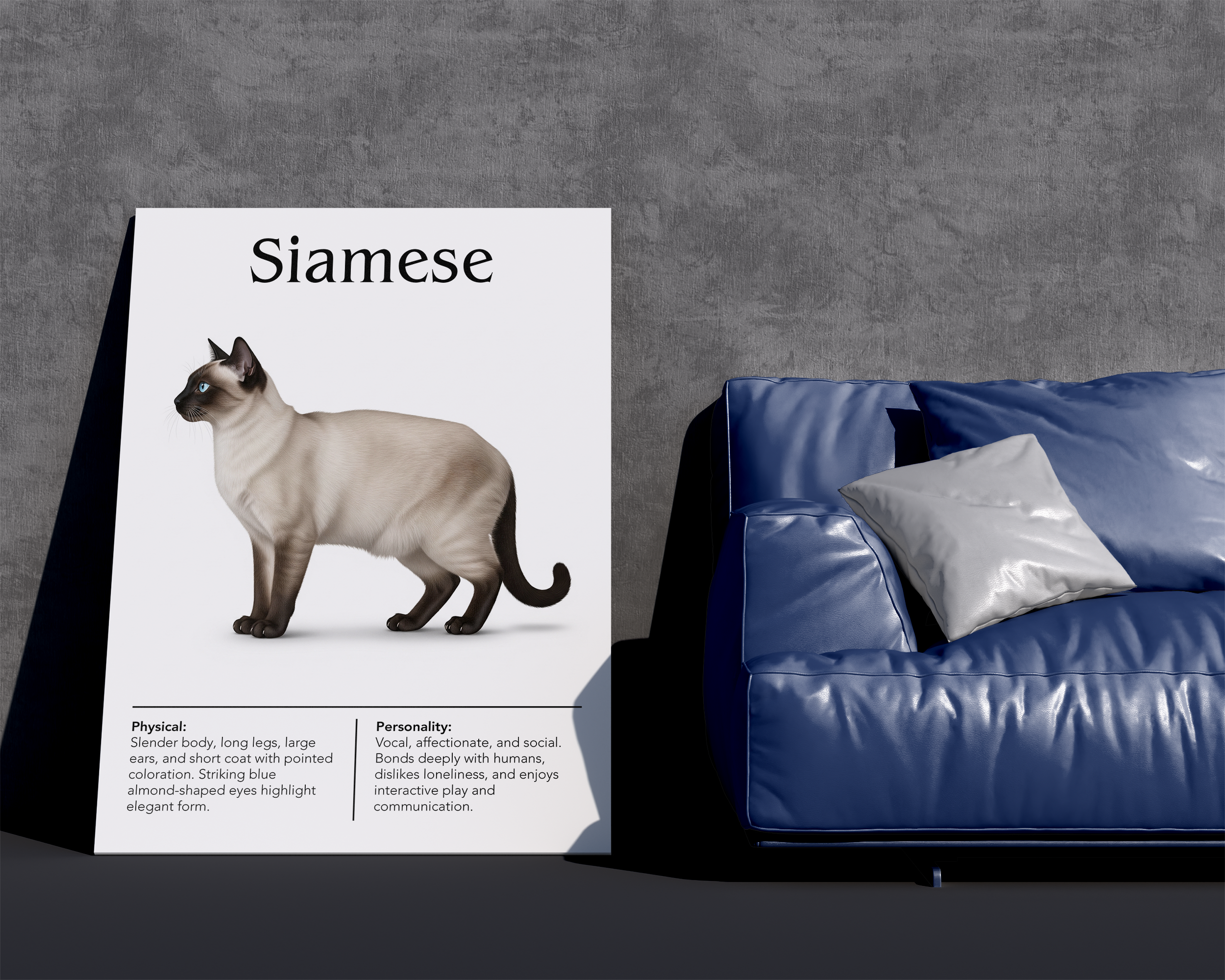 A large, frameless poster of a seal point Siamese cat leaning against a concrete wall next to a textured navy blue leather sofa.