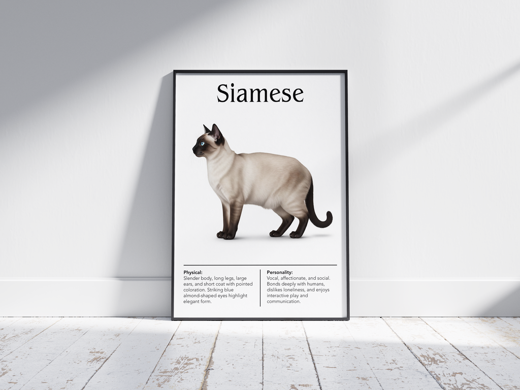 Elegant Siamese cat breed poster featuring a detailed illustration of its sleek body, striking blue eyes, and pointed color pattern, printed on semi-gloss sustainable paper. Perfect wall art for modern living rooms, studies, or sophisticated interiors with an exotic and graceful aesthetic.