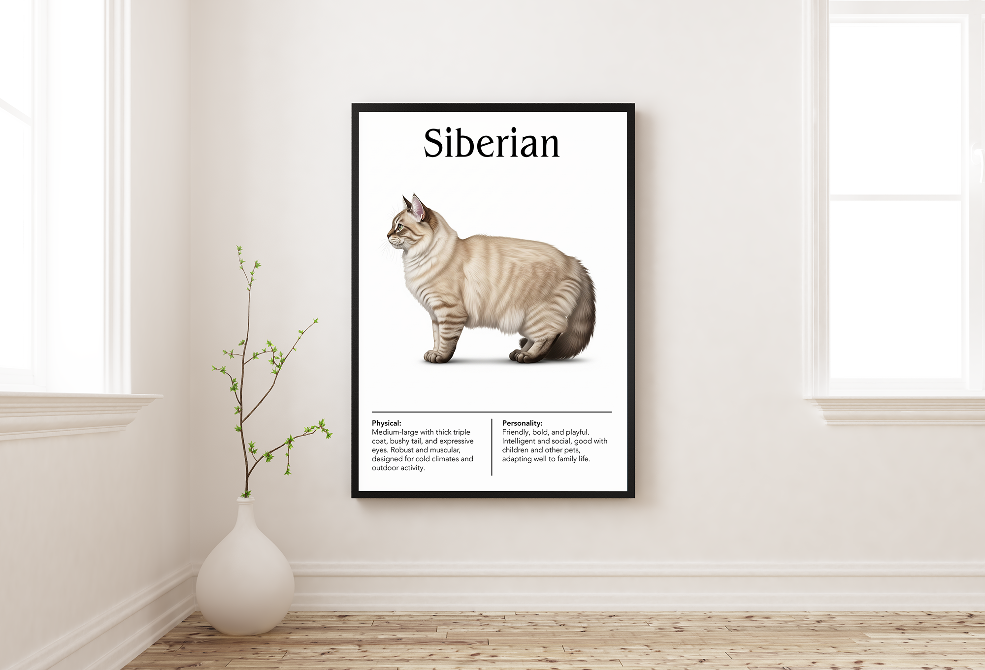 A black-framed poster of a fluffy Siberian cat hanging on a white wall in a bright room with a wooden floor and a white vase with branches.