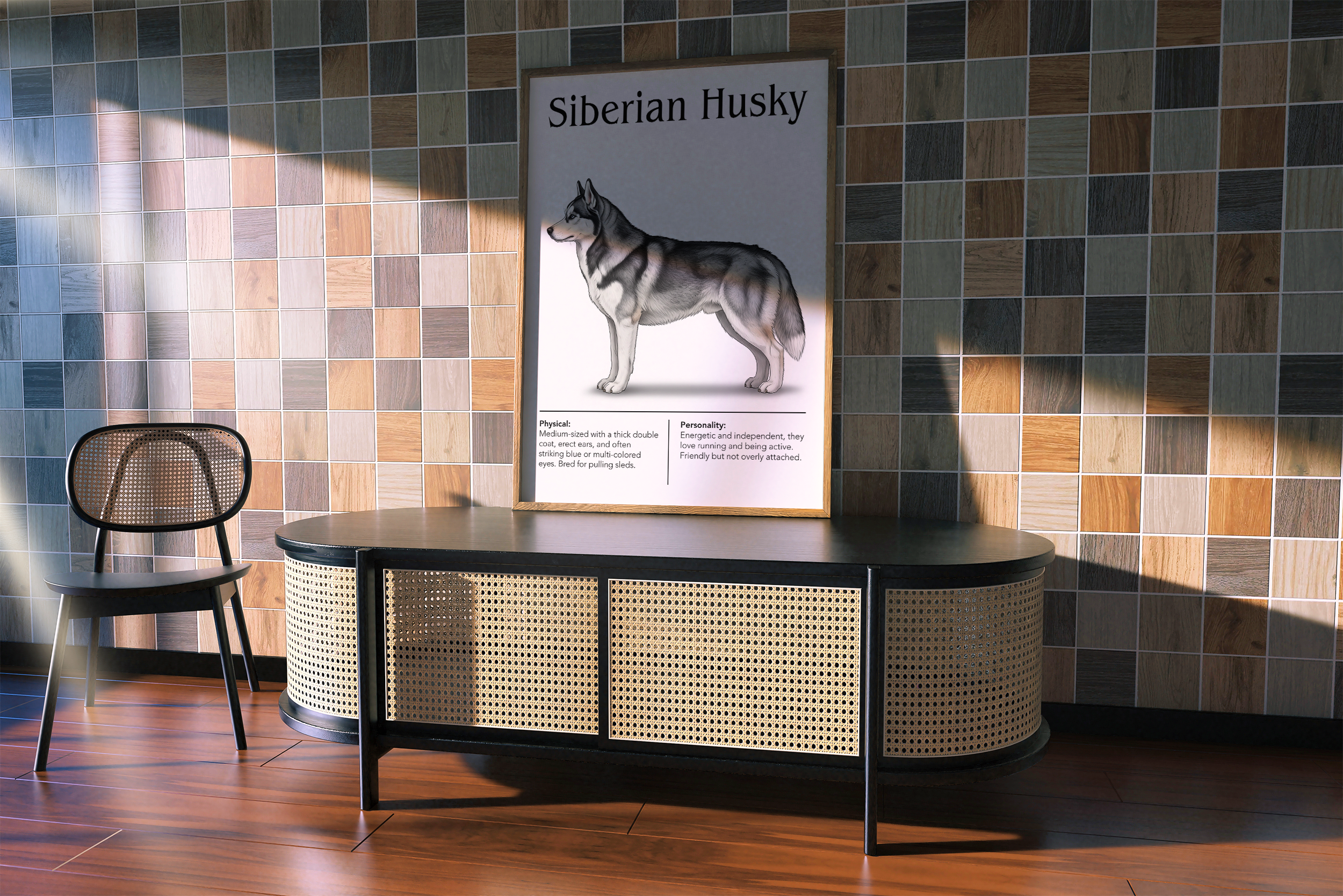 A framed poster of a grey and white Siberian Husky, resting on a rattan and black cabinet against a tiled wall with brown, blue, and white squares.