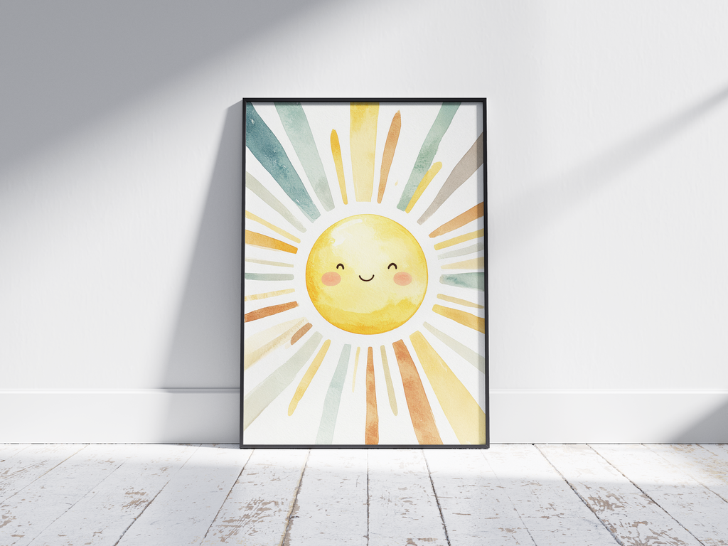 Cheerful watercolor smiling sun poster with radiating colorful rays in soft yellow, orange, and teal tones, printed on semi-gloss sustainable paper. Perfect wall art for nurseries, kids' rooms, or modern interiors with a bright and joyful aesthetic.