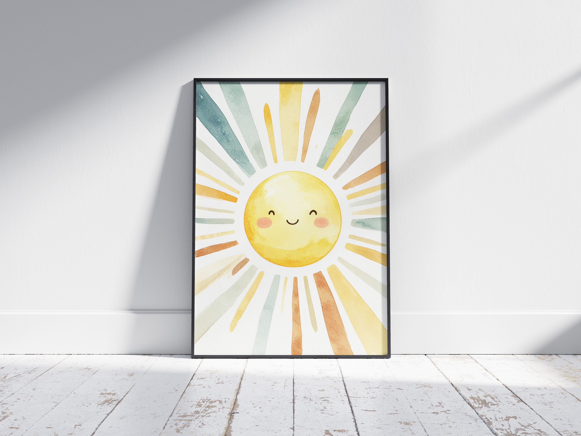 Cheerful watercolor smiling sun poster with radiating colorful rays in soft yellow, orange, and teal tones, printed on semi-gloss sustainable paper. Perfect wall art for nurseries, kids' rooms, or modern interiors with a bright and joyful aesthetic.