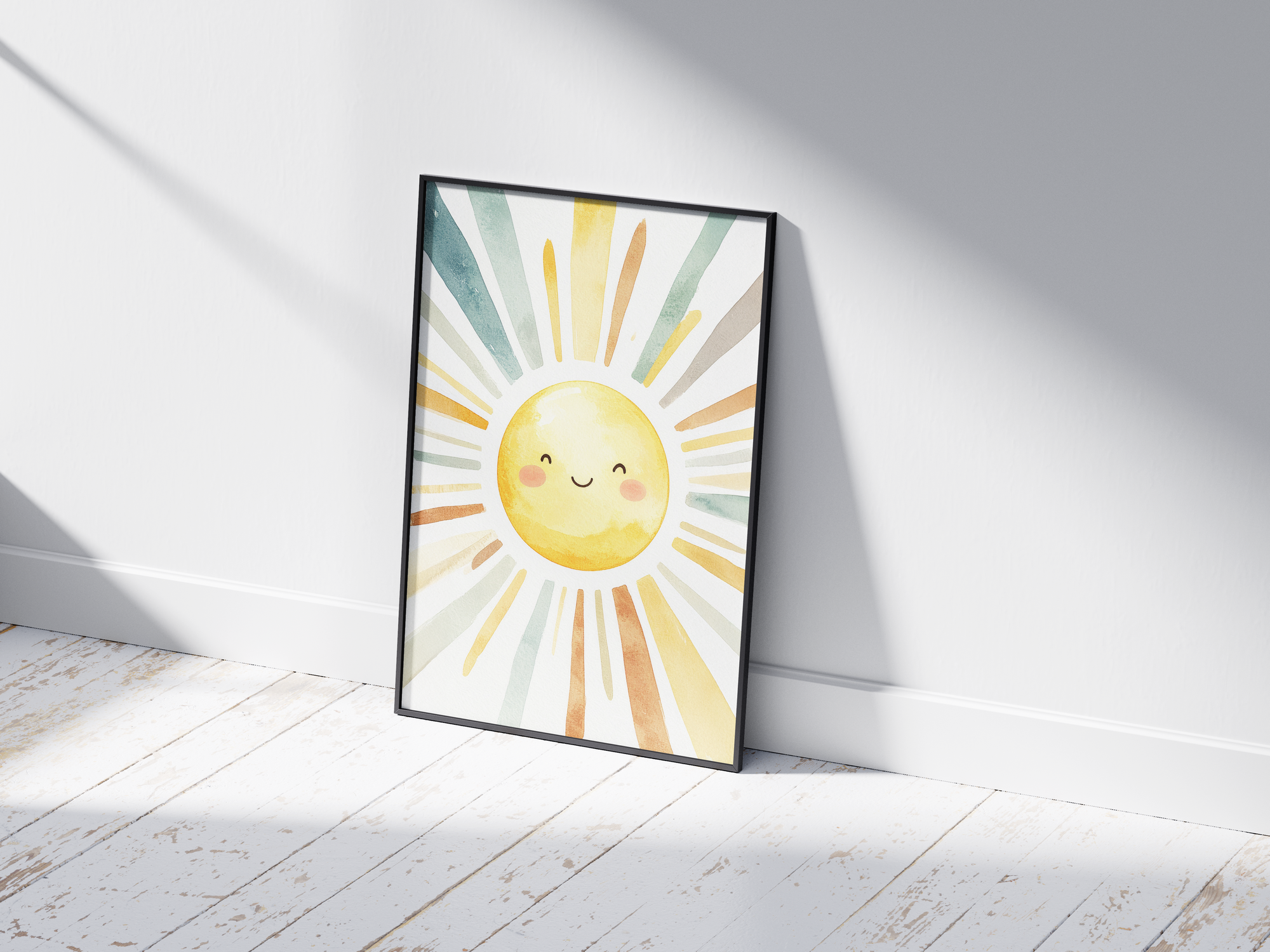 Cheerful watercolor smiling sun poster with radiating colorful rays in soft yellow, orange, and teal tones, printed on semi-gloss sustainable paper. Perfect wall art for nurseries, kids' rooms, or modern interiors with a bright and joyful aesthetic.