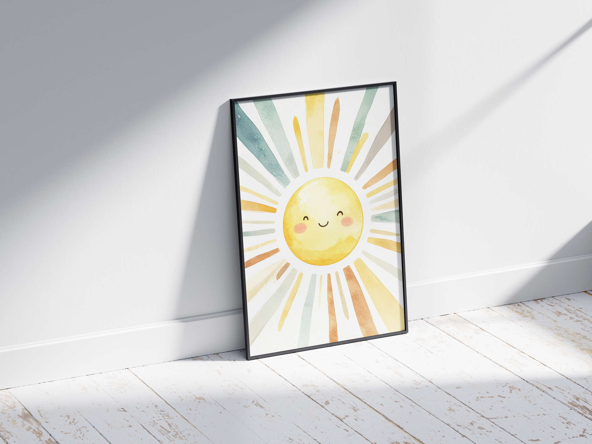 Cheerful watercolor smiling sun poster with radiating colorful rays in soft yellow, orange, and teal tones, printed on semi-gloss sustainable paper. Perfect wall art for nurseries, kids' rooms, or modern interiors with a bright and joyful aesthetic.
