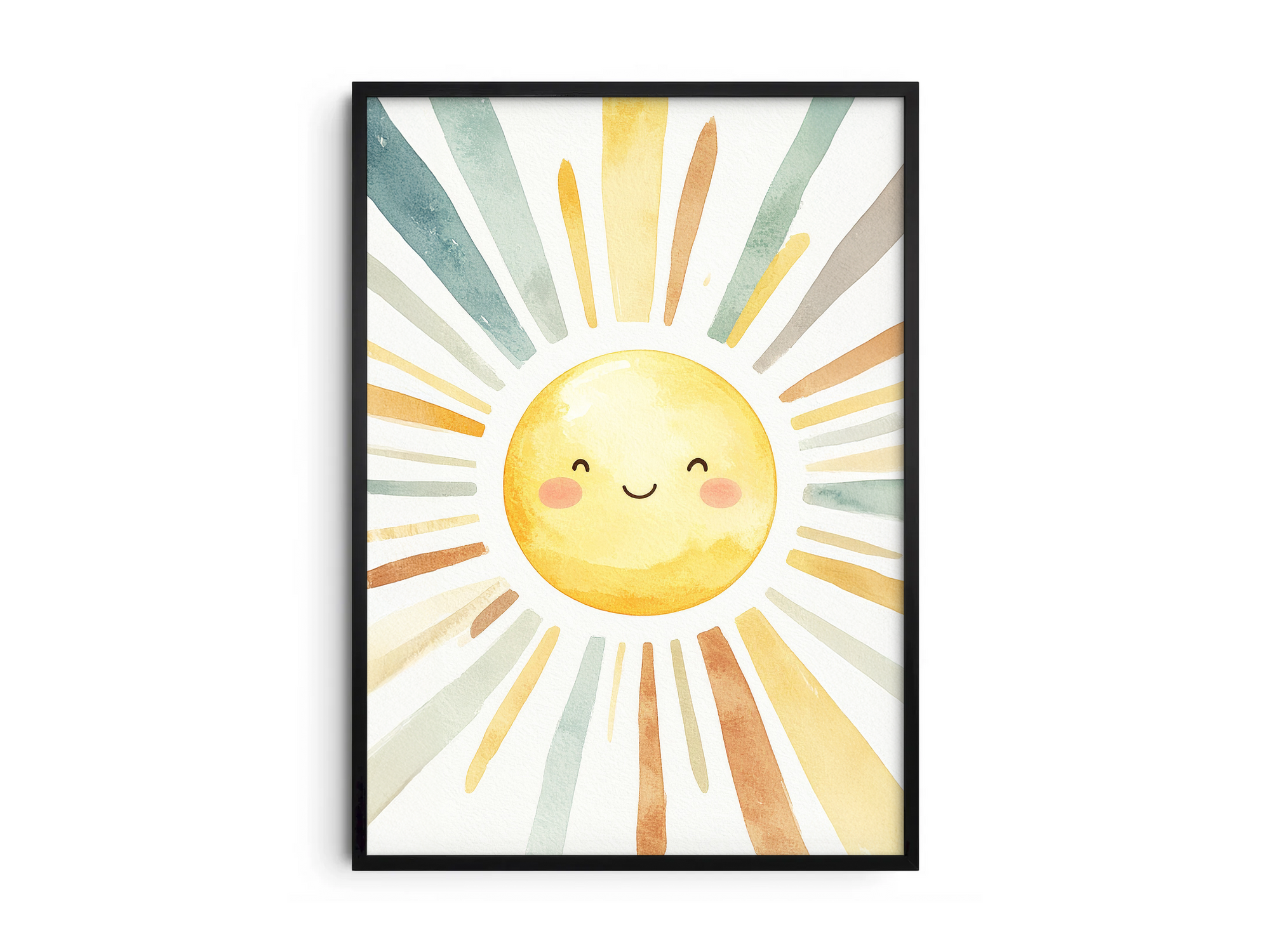 Cheerful watercolor smiling sun poster with radiating colorful rays in soft yellow, orange, and teal tones, printed on semi-gloss sustainable paper. Perfect wall art for nurseries, kids' rooms, or modern interiors with a bright and joyful aesthetic.